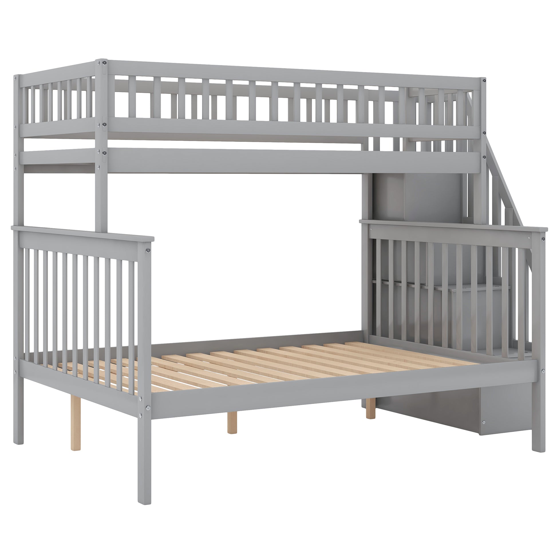 Gray wooden bunk bed with stairs and storage