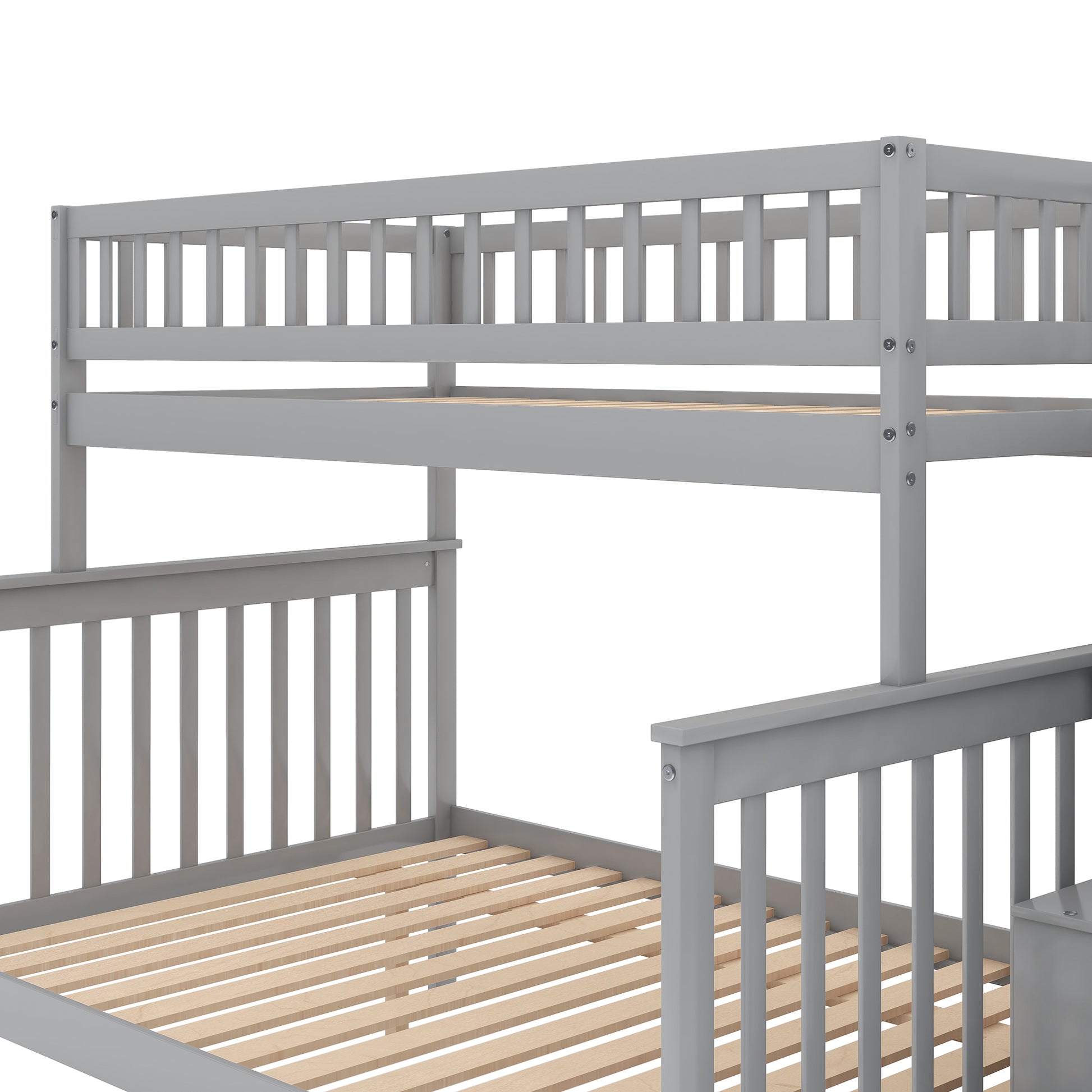 Grey wooden bunk bed with sturdy railing and slatted mattress support