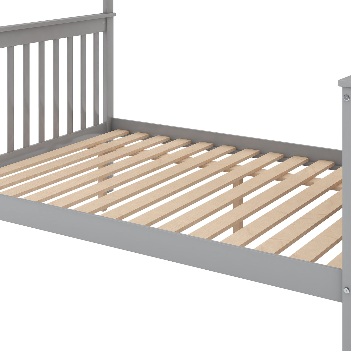 Gray wooden bed frame with slatted base