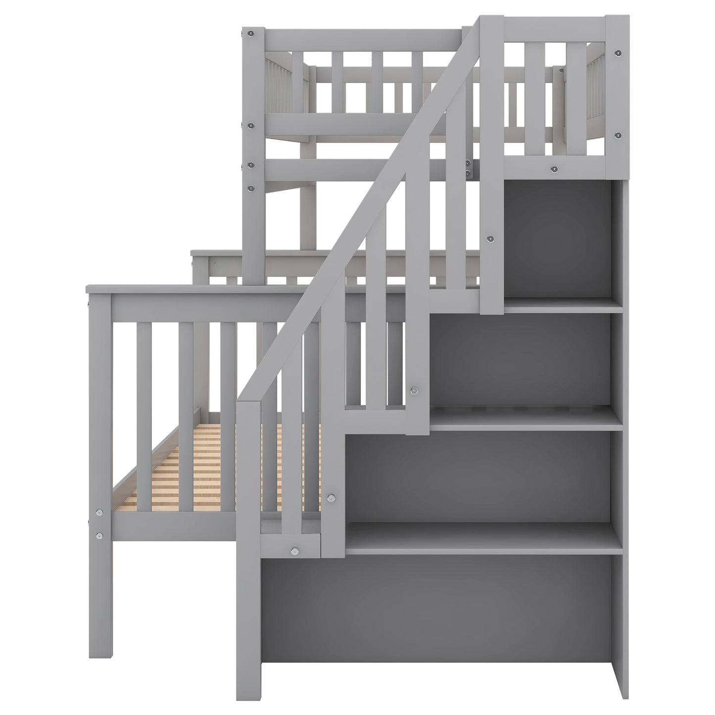 Grey wooden bunk bed with integrated staircase and shelves
