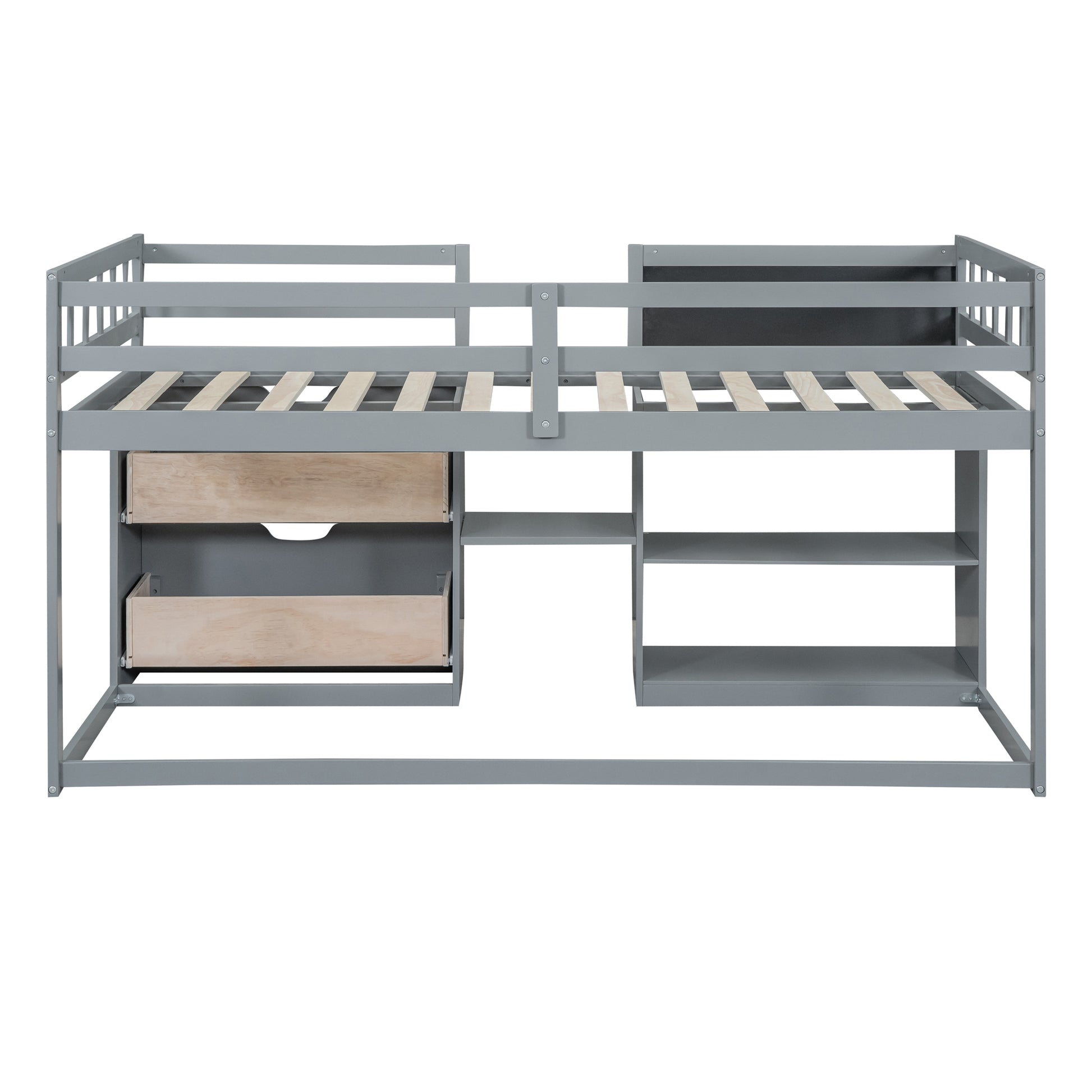 Grey loft bed with two drawers and shelves