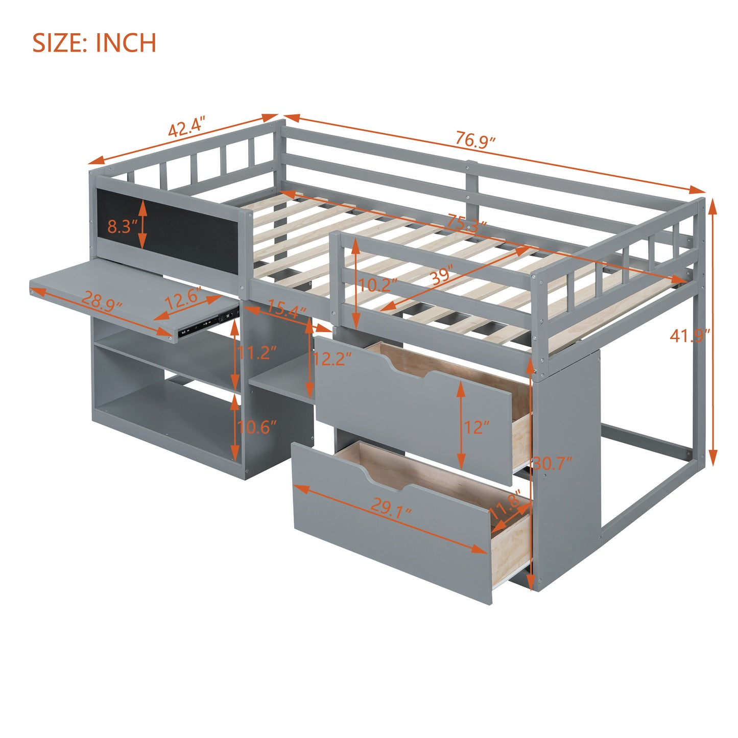 Grey loft bed with desk and drawers