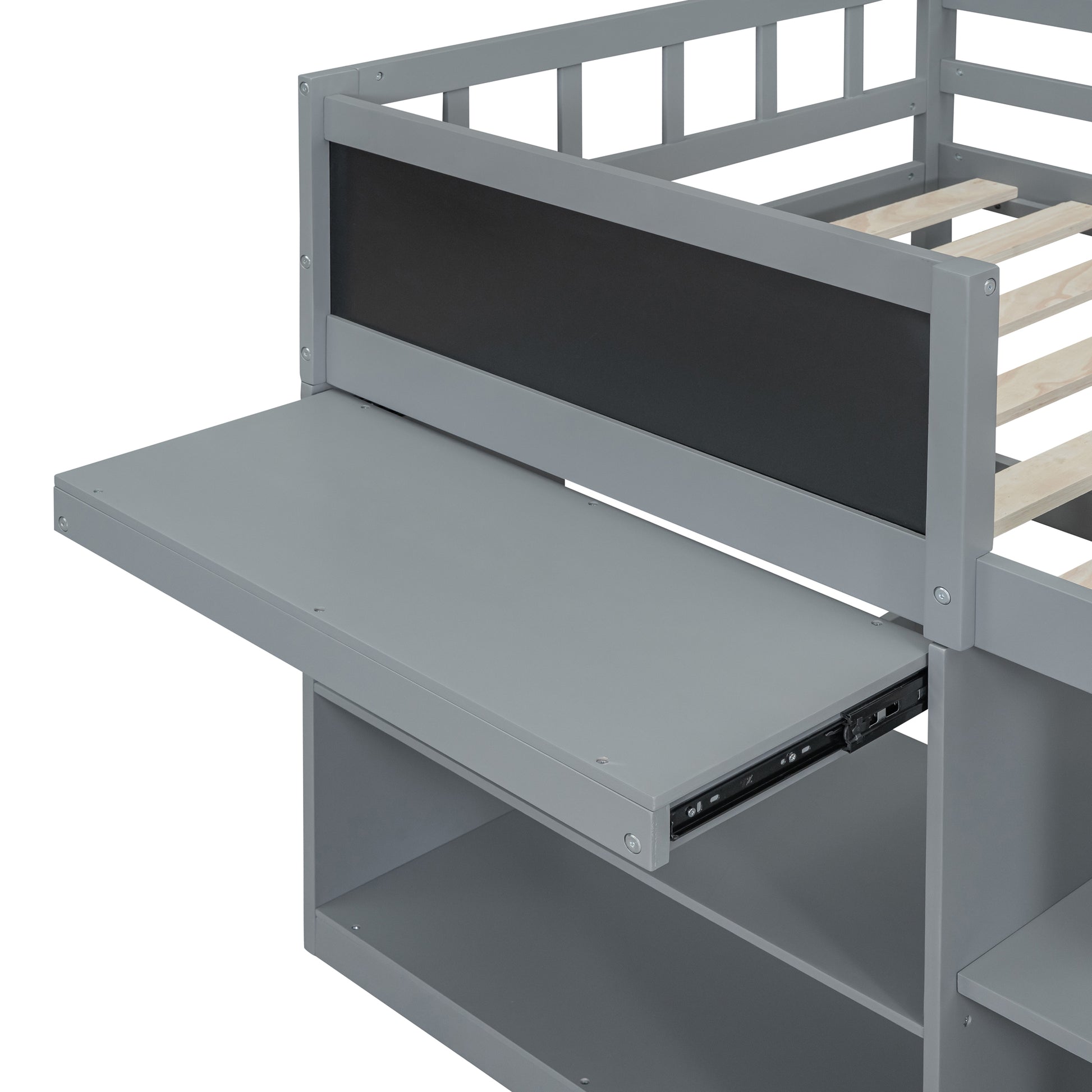 Gray wooden loft bed frame with integrated desk and storage shelves