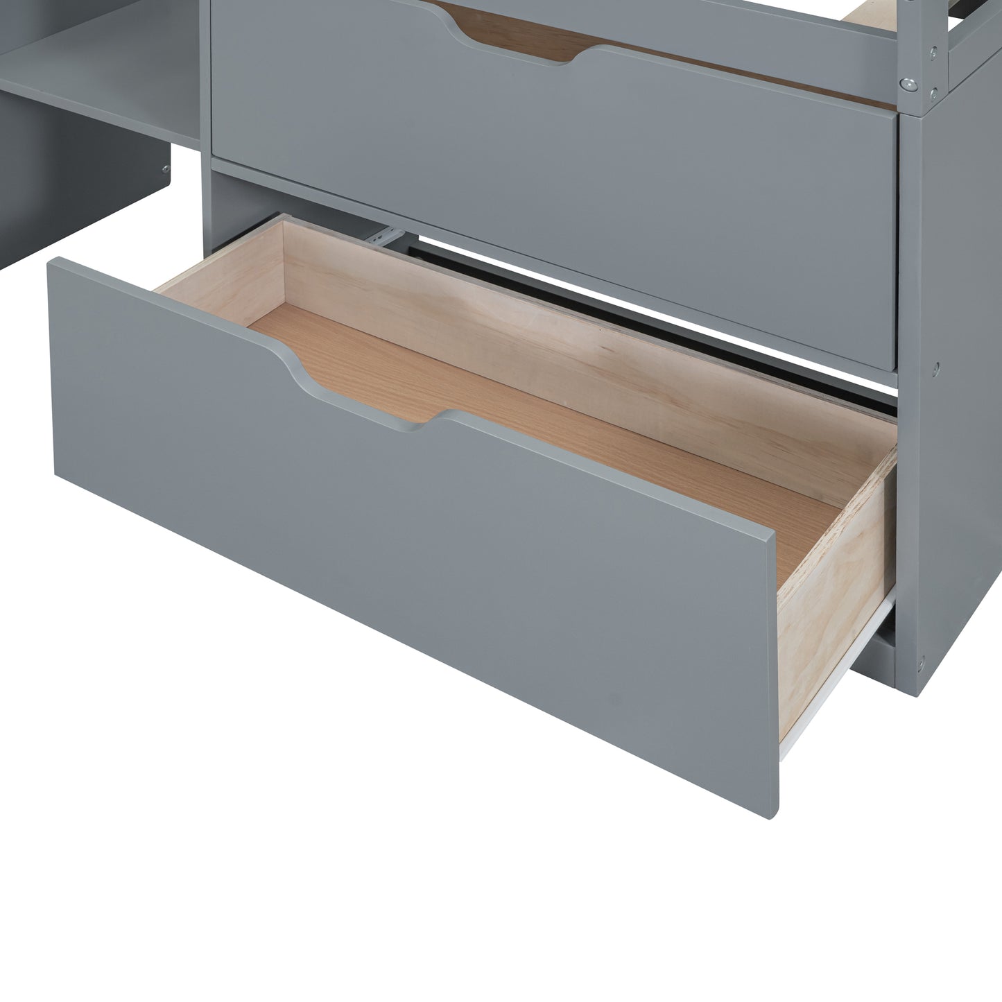 Gray twin loft bed with open drawers and wooden interior