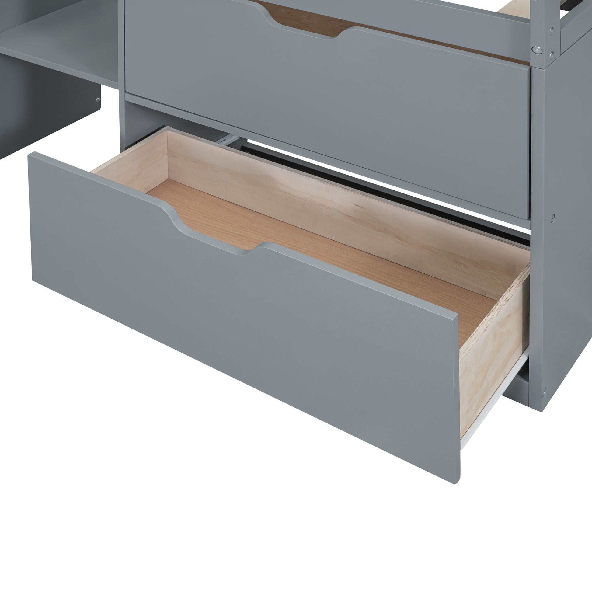 Gray twin loft bed with open drawers and wooden interior