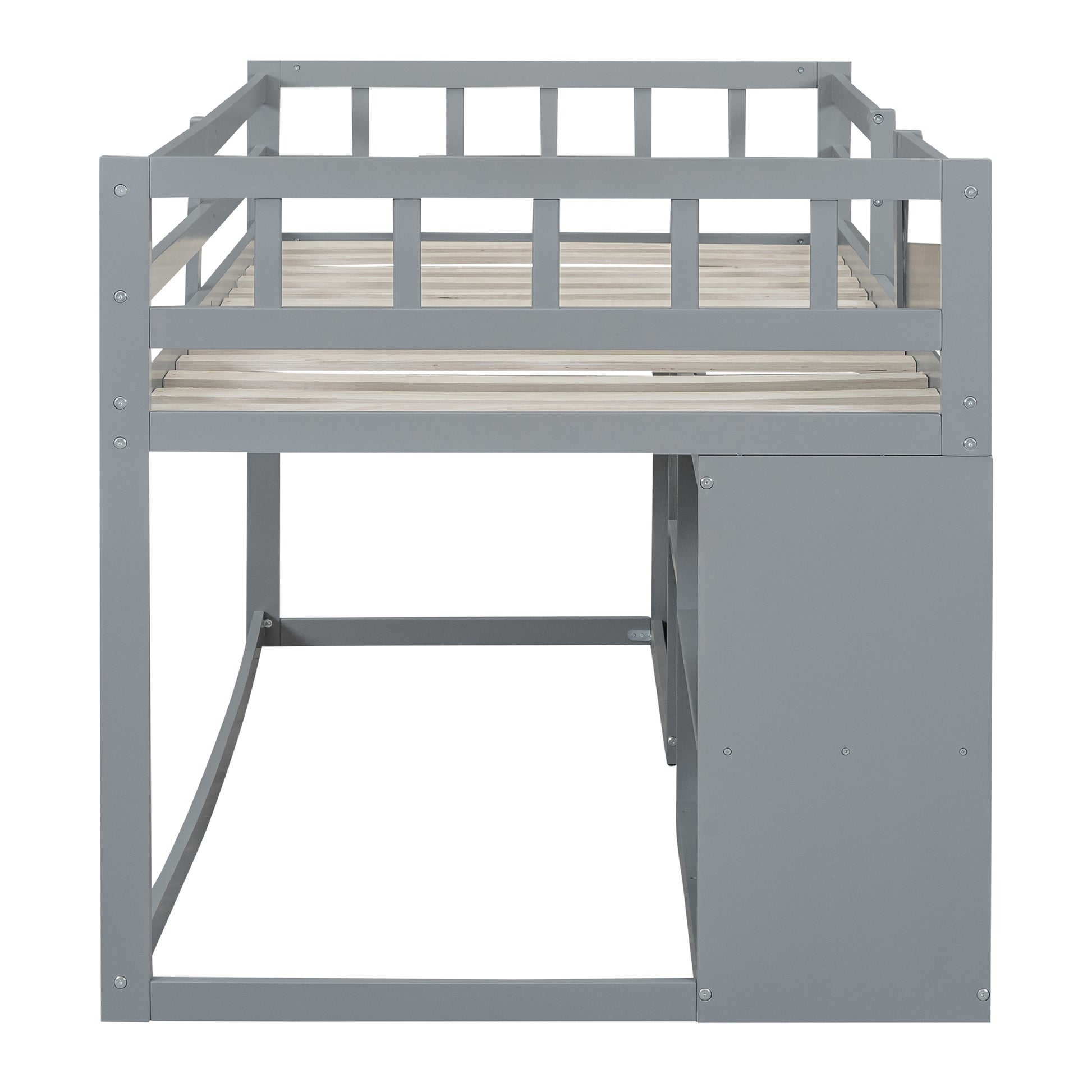 Gray loft bed frame with integrated desk and slatted bed base
