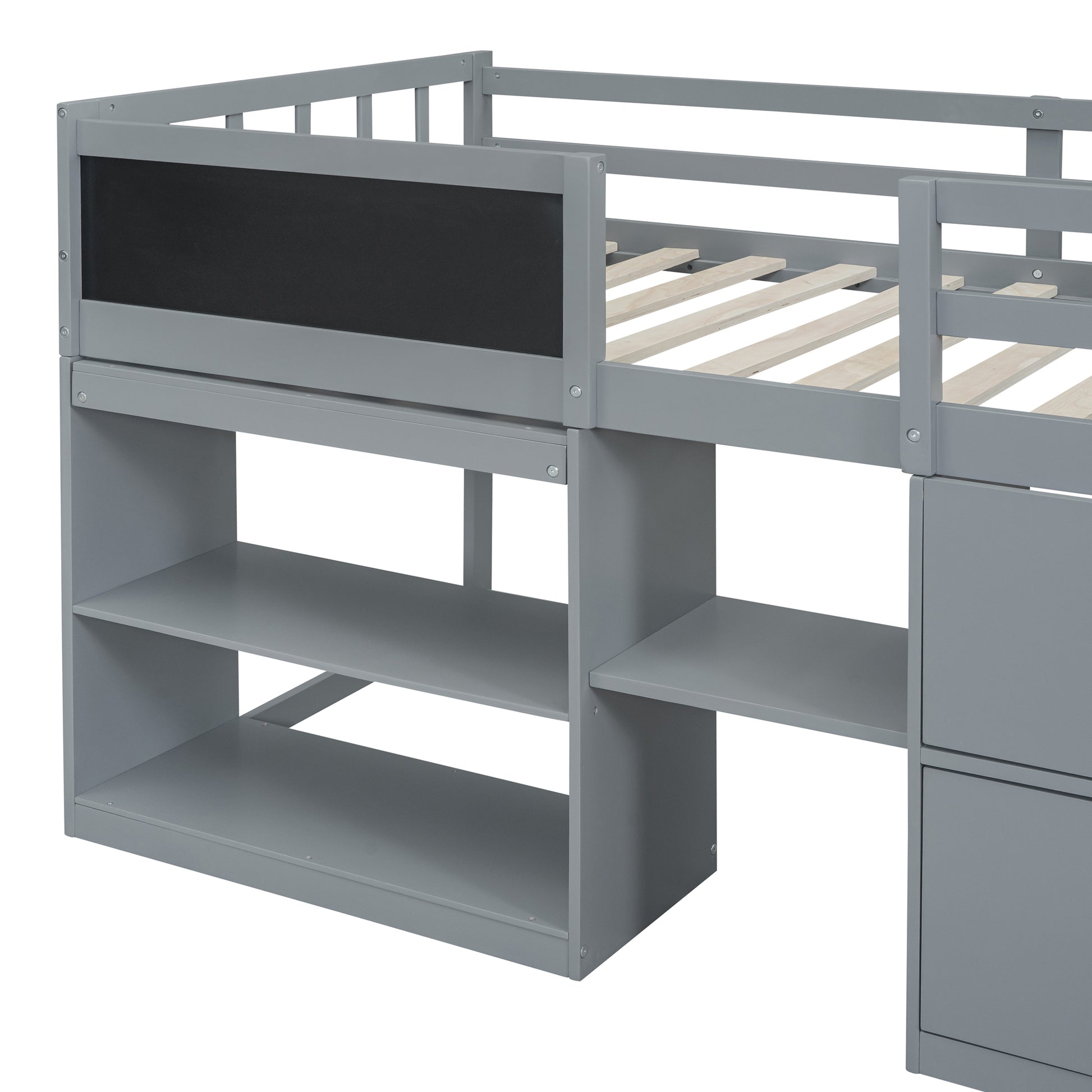 Grey loft bed with chalkboard and builtin shelving