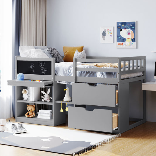 Grey loft bed with desk and shelves