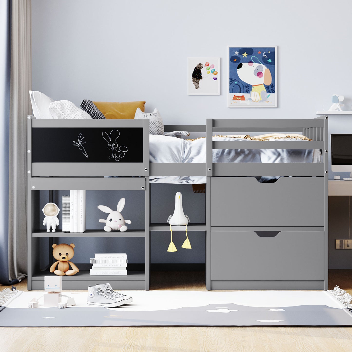 Gray loft bed with chalkboard and storage drawers