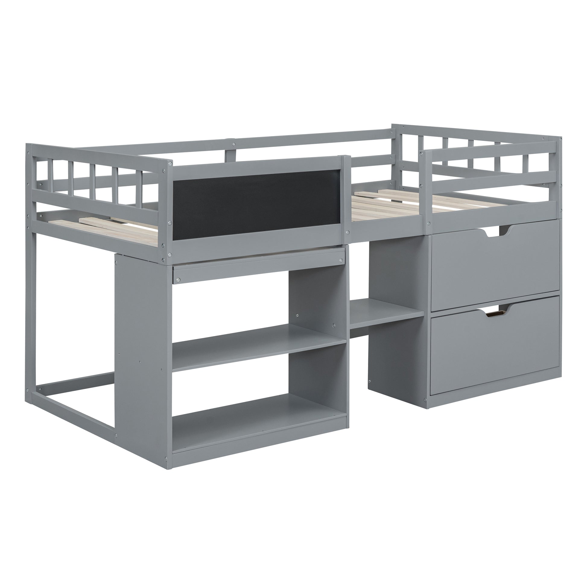 Gray loft bed with drawers and shelves