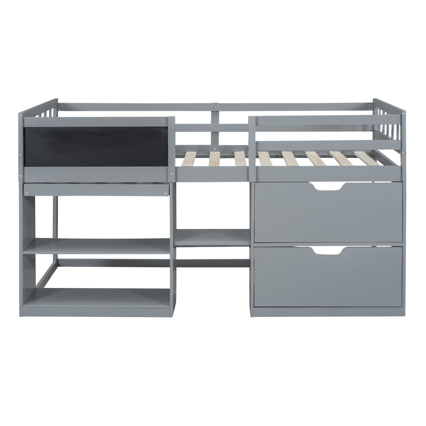 Gray loft bed with desk and storage drawers
