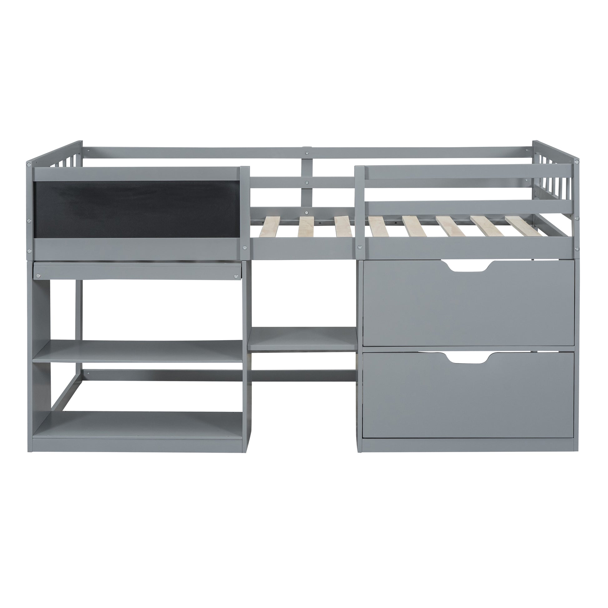 Gray loft bed with desk and storage drawers