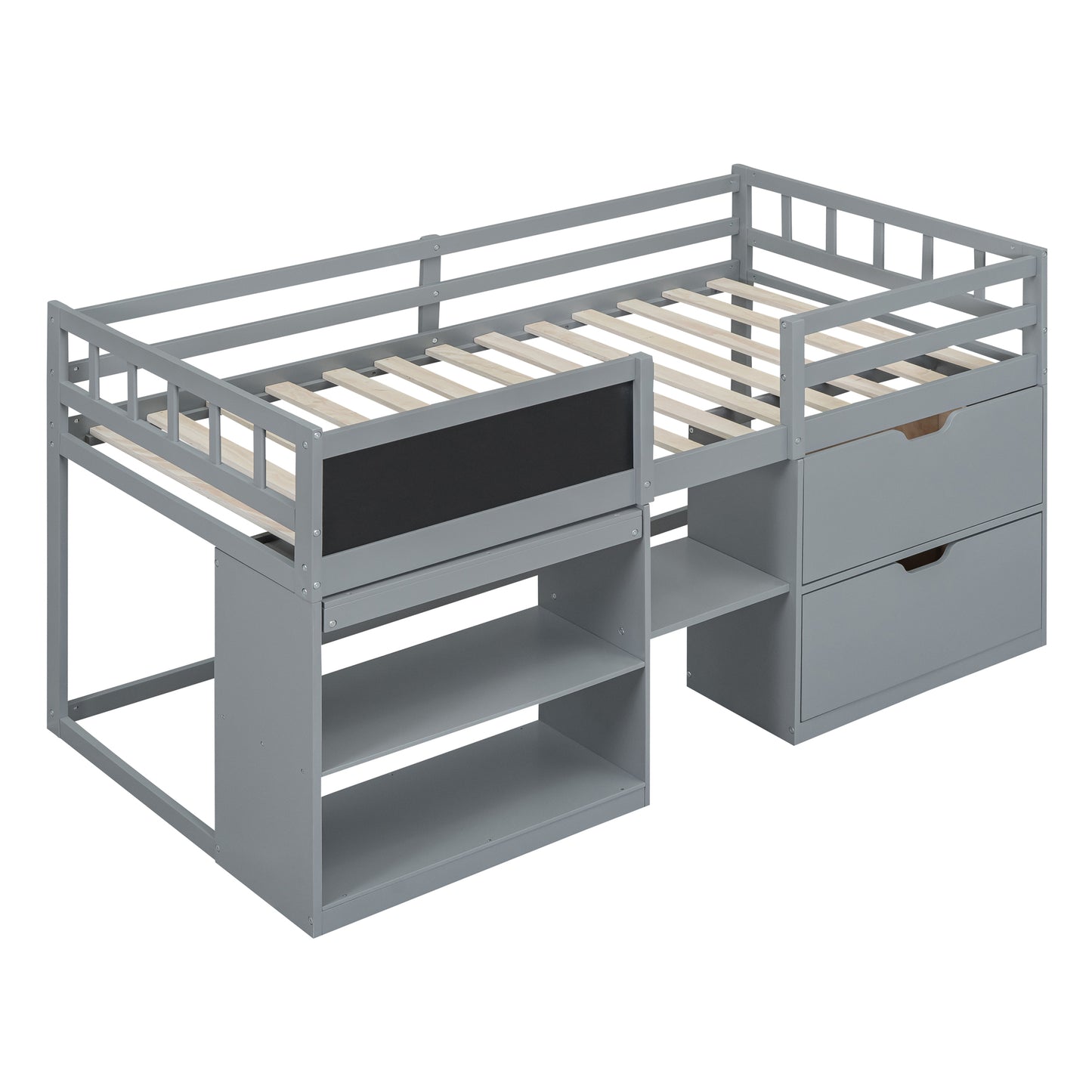 Gray loft bed with integrated desk and drawers