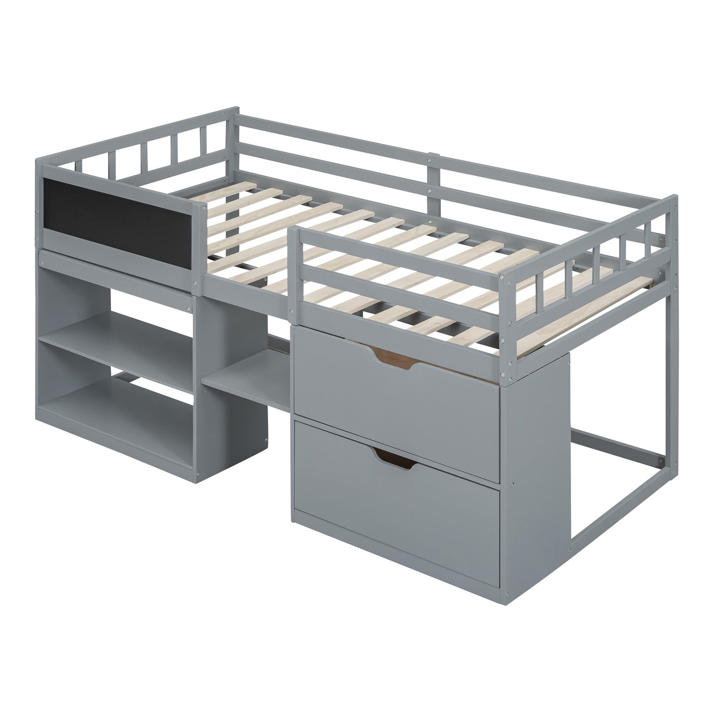 Gray loft bed with drawers and shelves for kids