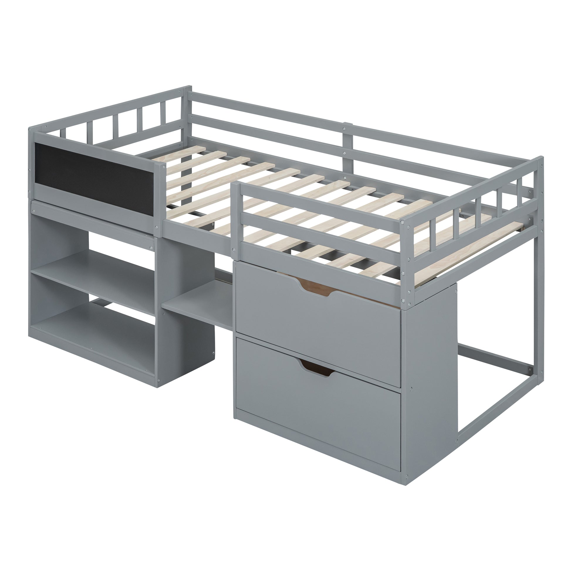Gray loft bed with drawers and shelves for kids