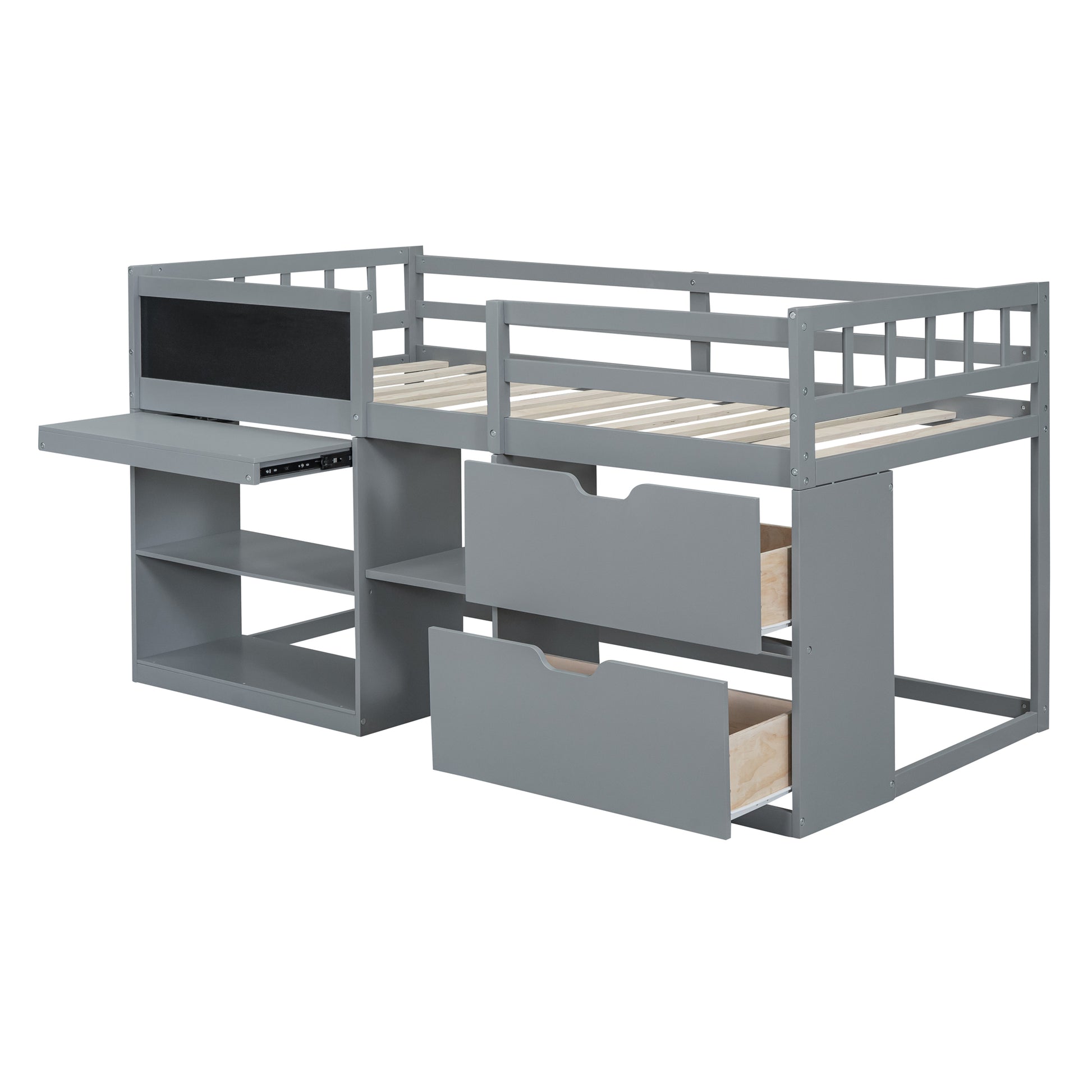 Gray loft bed with desk and drawers