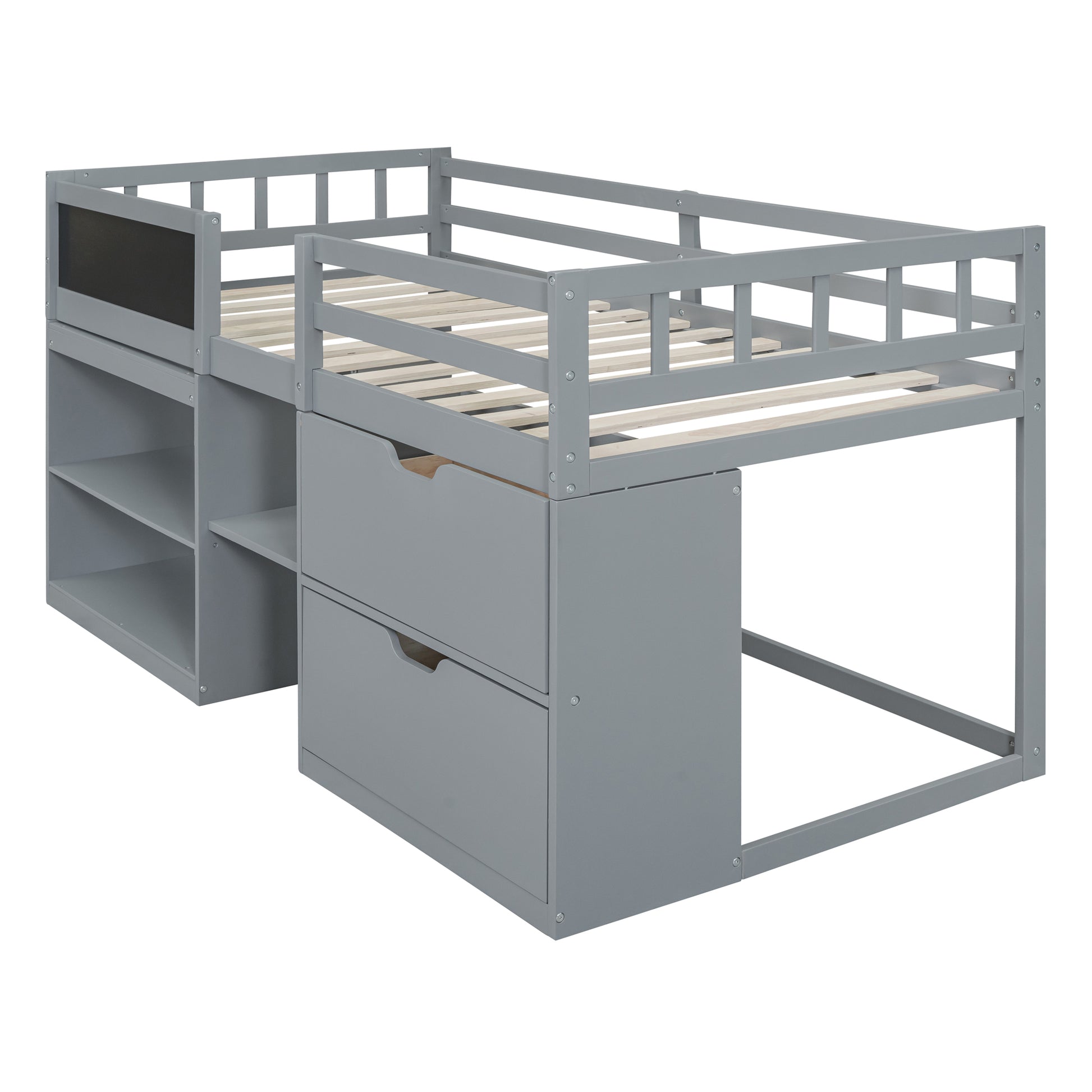 Gray loft bed with drawers and shelves