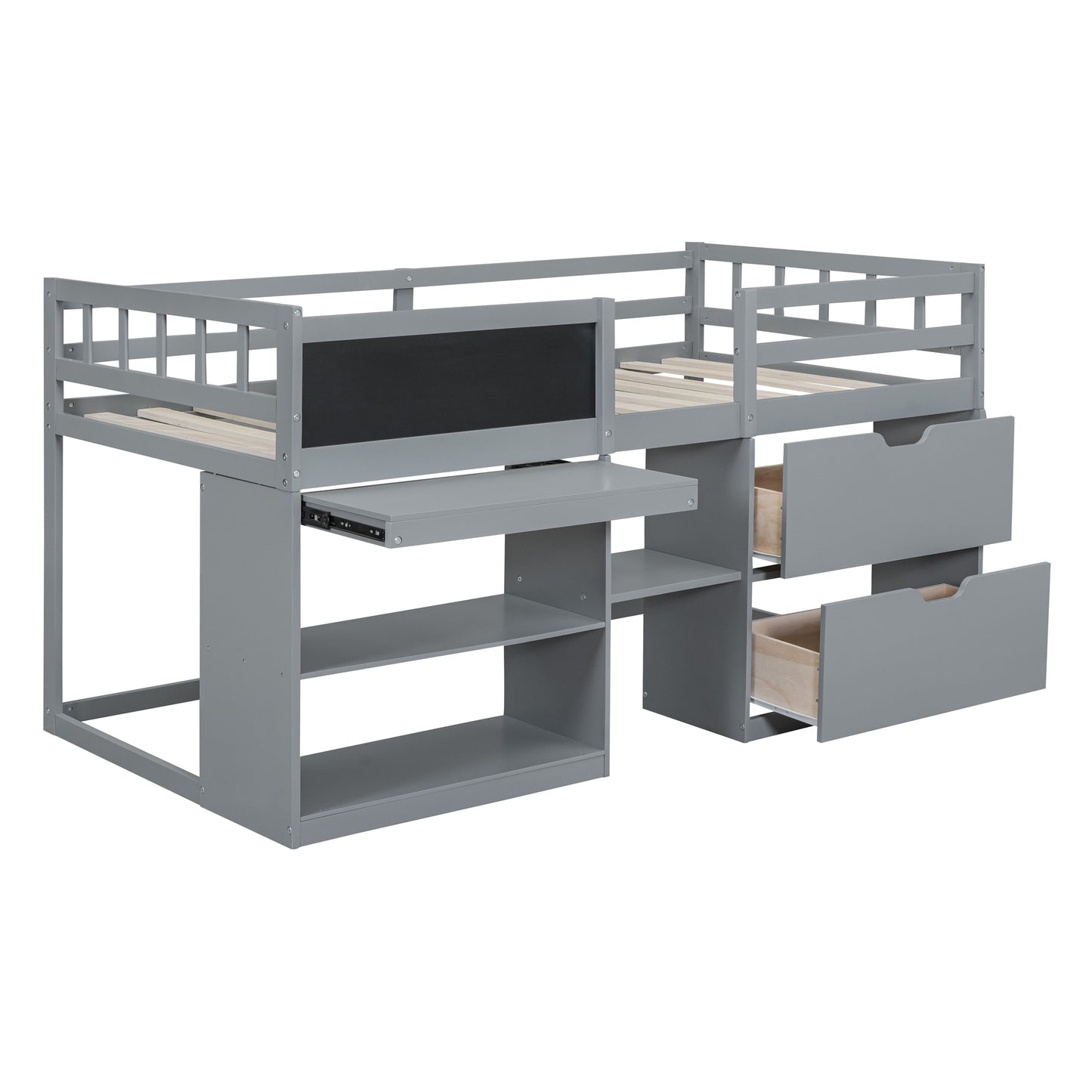Gray loft bed with desk and drawers