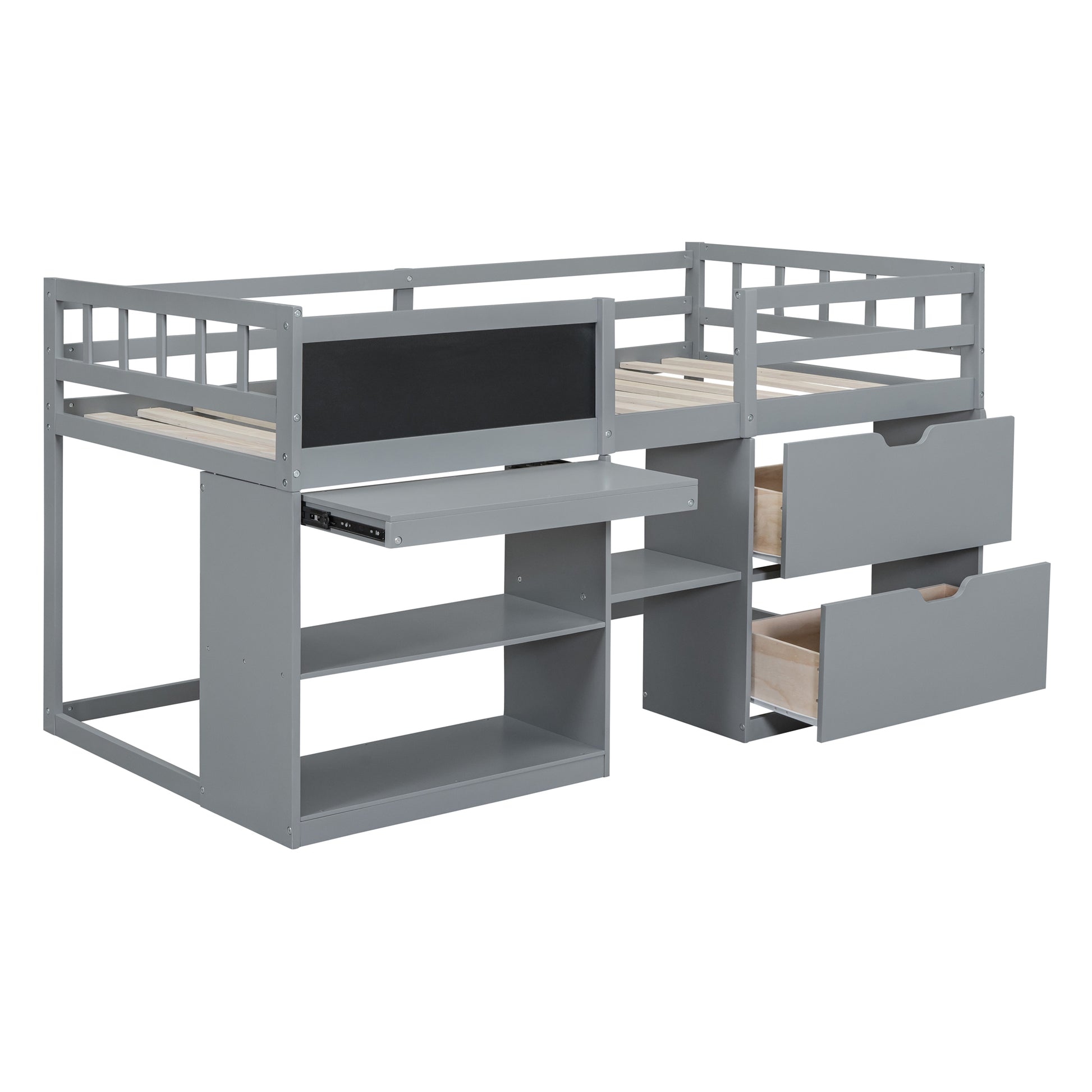 Gray loft bed with desk and drawers