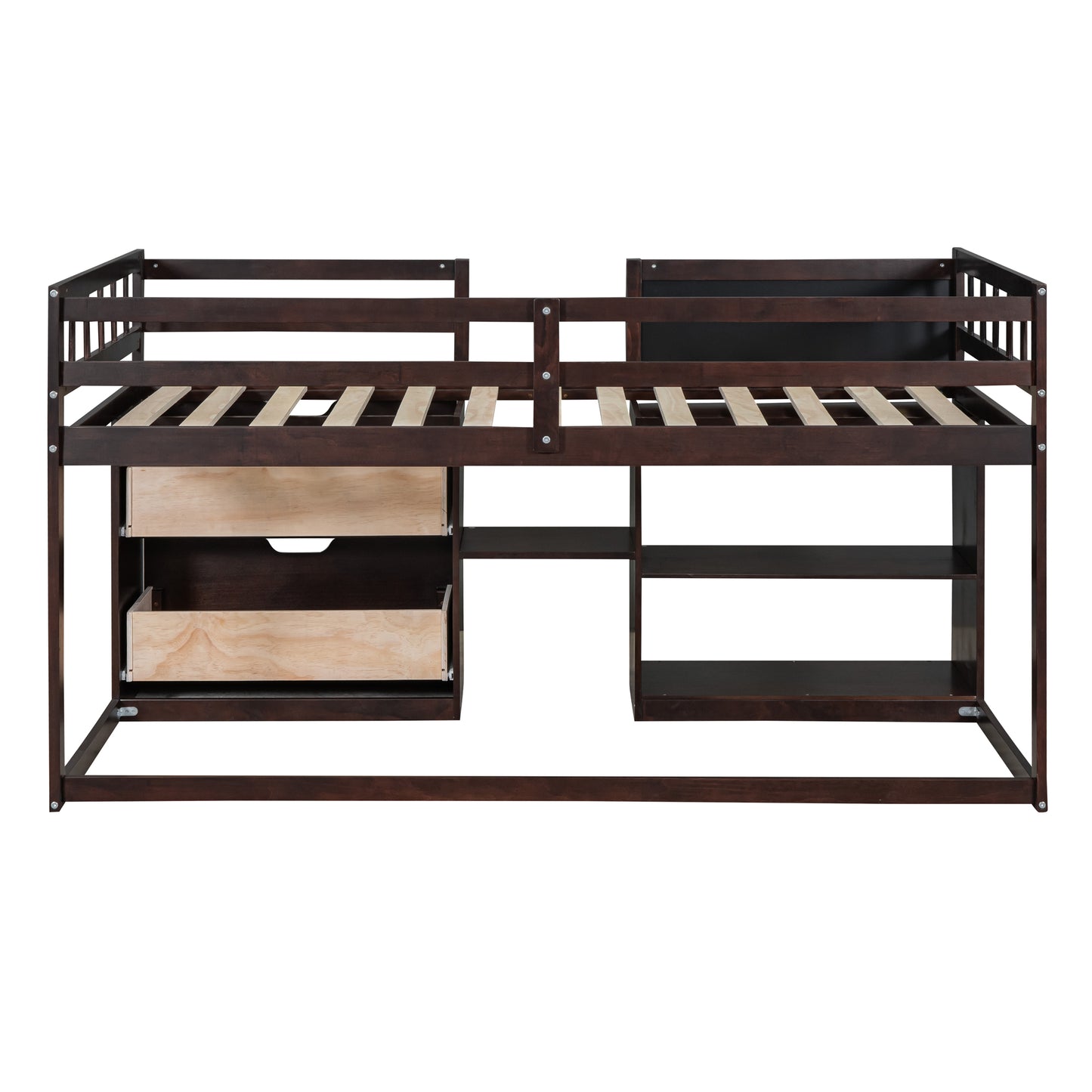 Dark brown wooden loft bed with desk and drawers