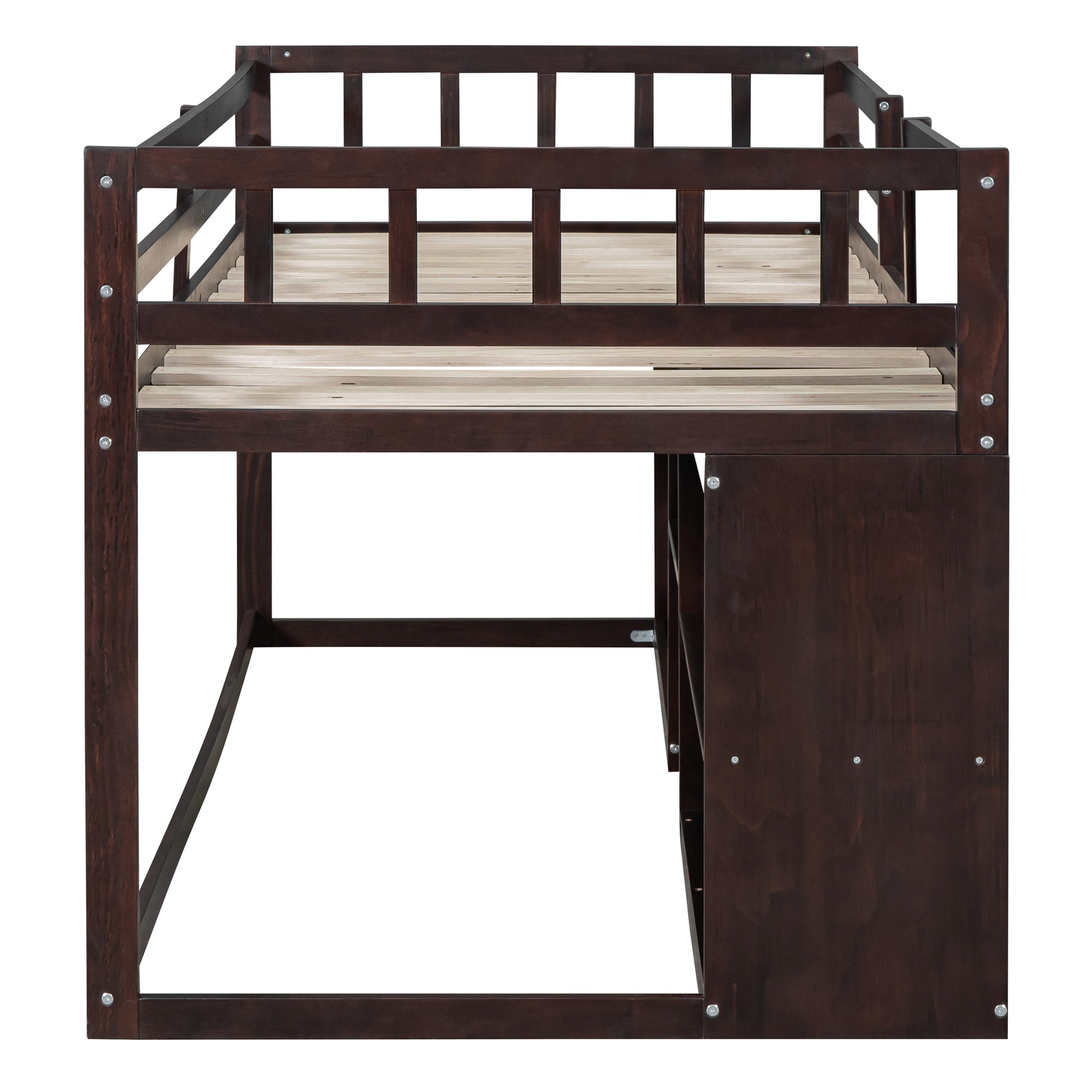 Dark brown wooden loft bed with slatted platform and builtin storage shelves
