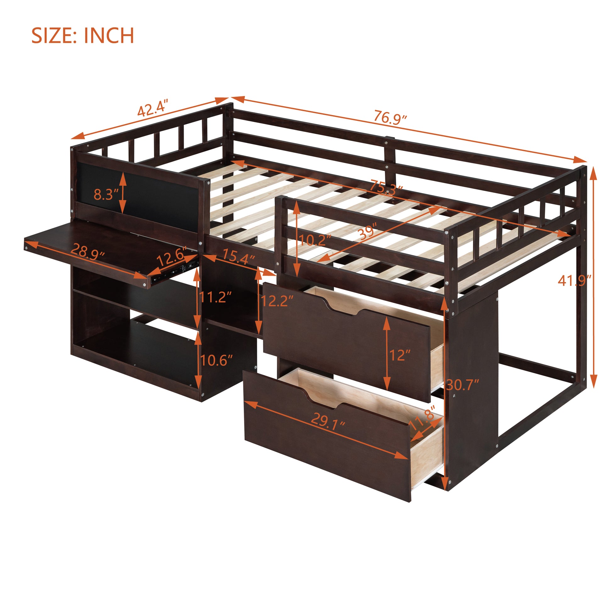 Dark brown wood loft bed with desk and drawers