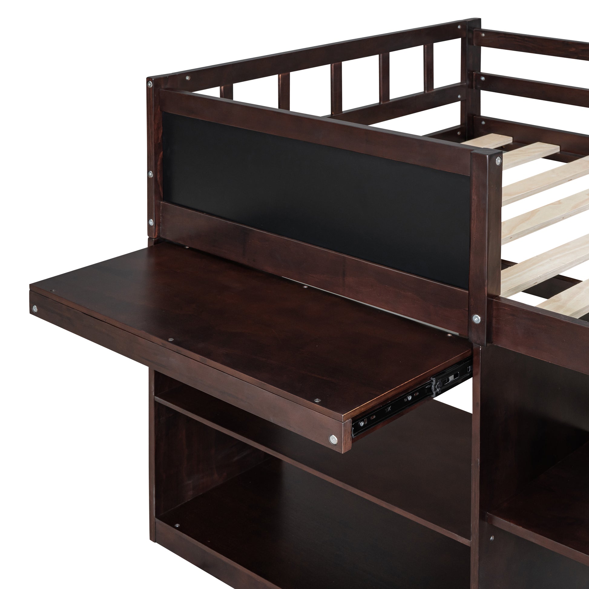 Dark wood loft bed with pullout desk and shelves