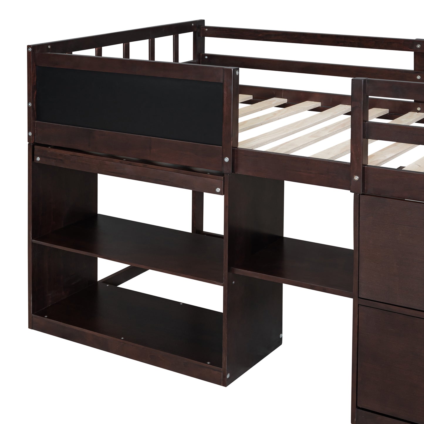 Dark brown wooden loft bed frame with builtin shelves and drawers