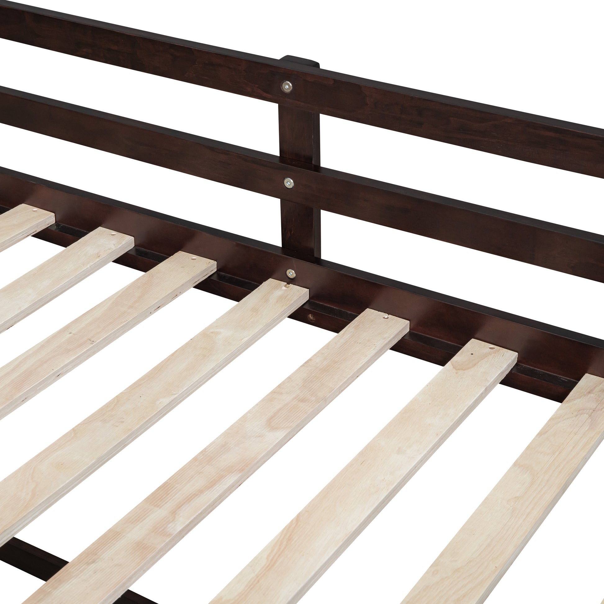 Dark brown wooden bed frame with natural wood slats