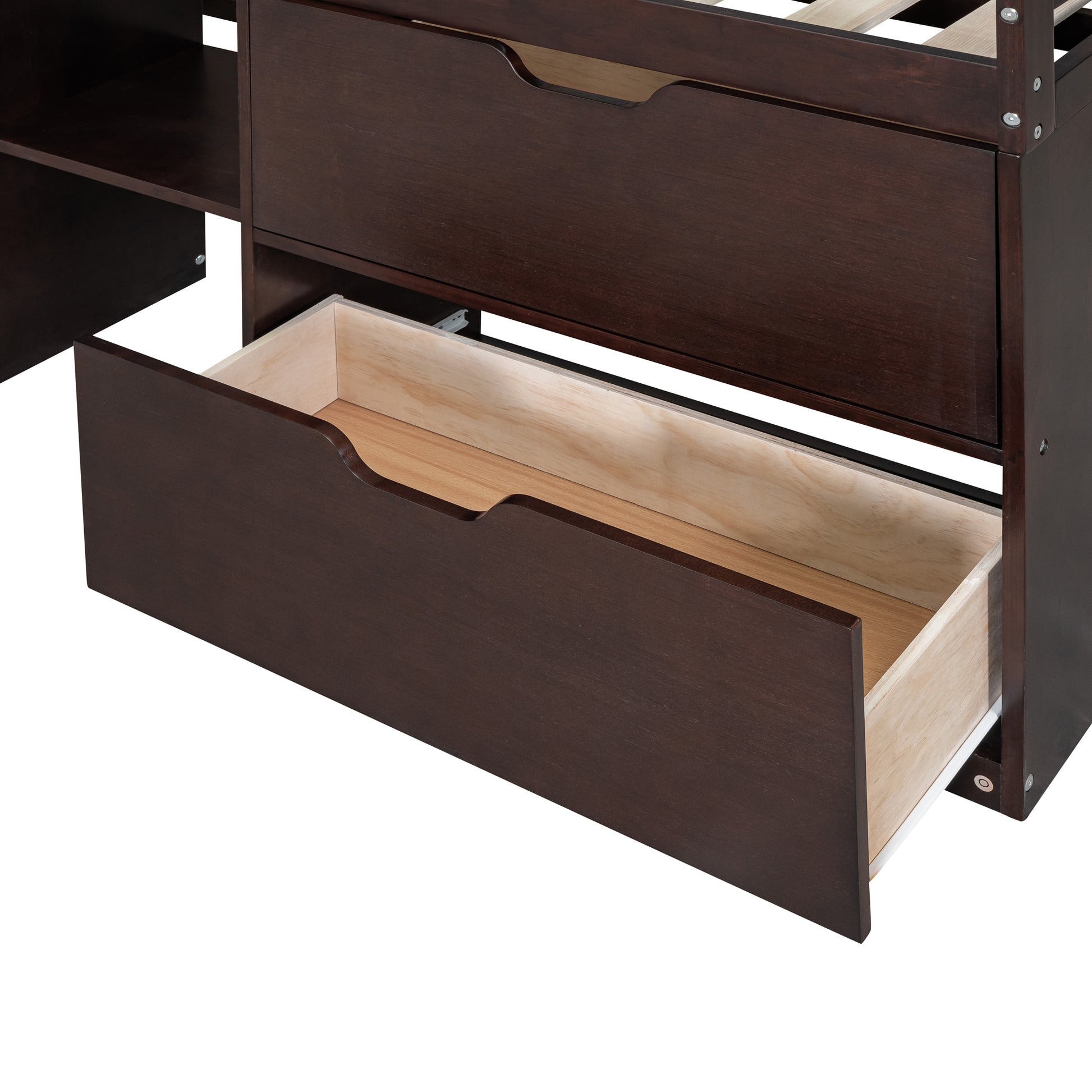 Dark brown wood dresser drawer with open compartment and smooth sliding mechanism