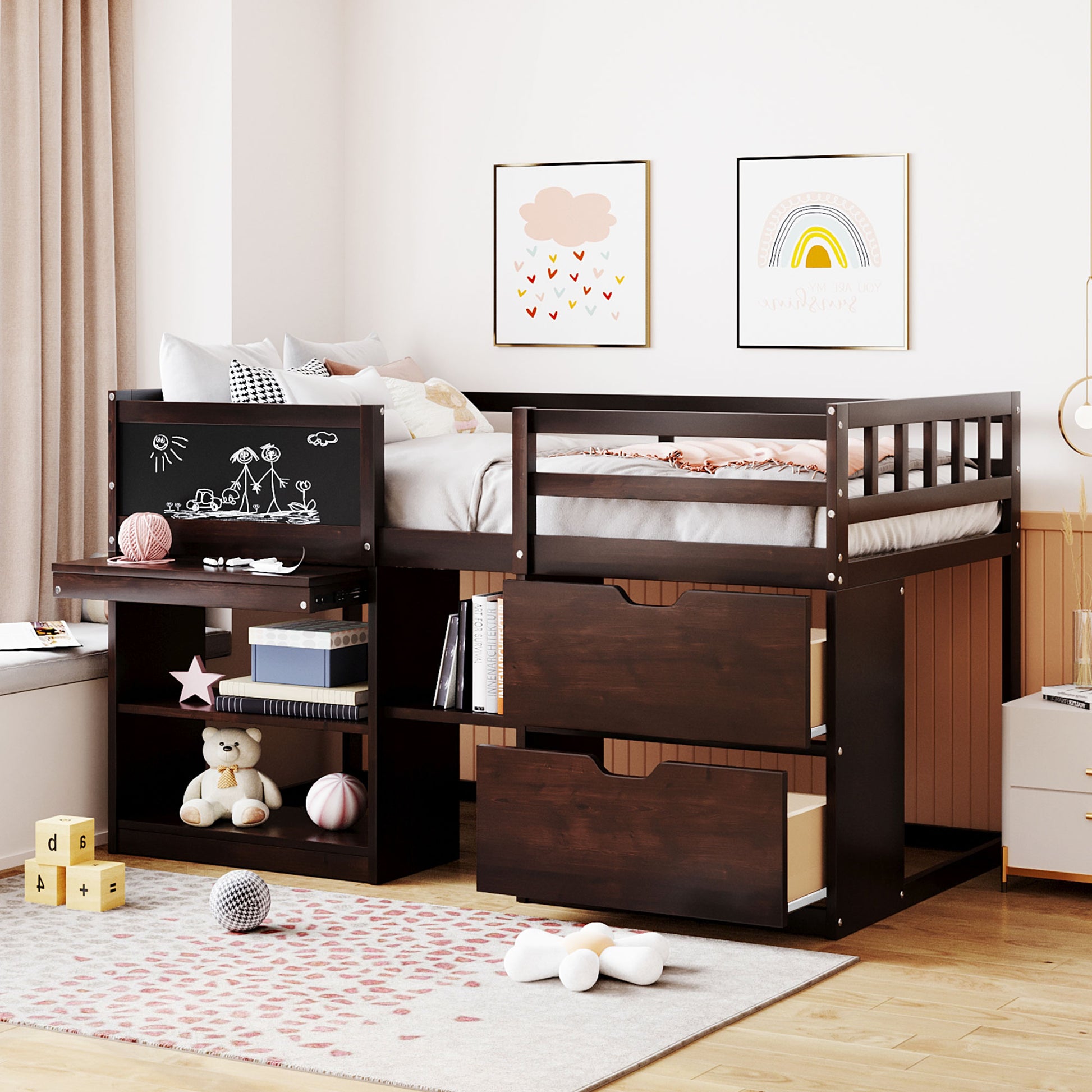 Dark wood loft bed with integrated desk blackboard and storage drawers