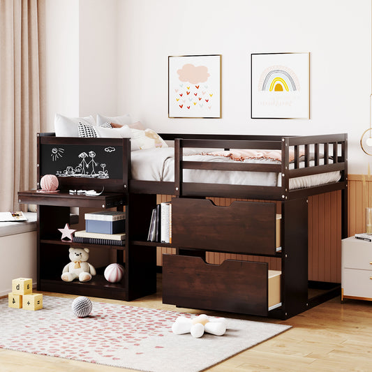 Dark wood loft bed with integrated desk blackboard and storage drawers