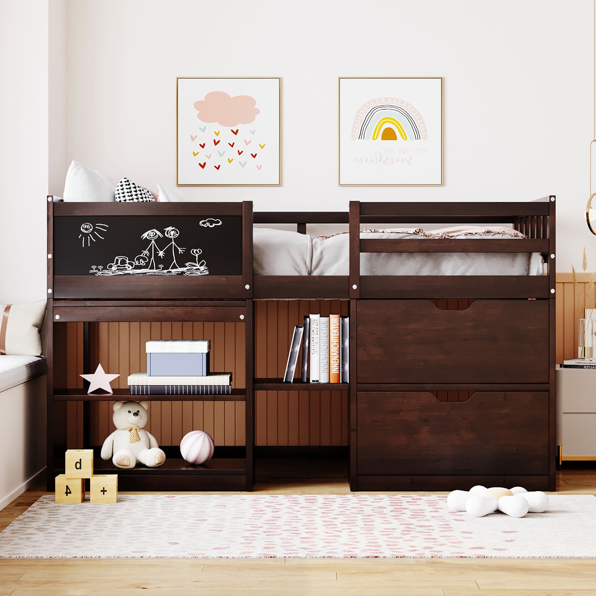 Dark wood loft bed with builtin storage and chalkboard front for kids