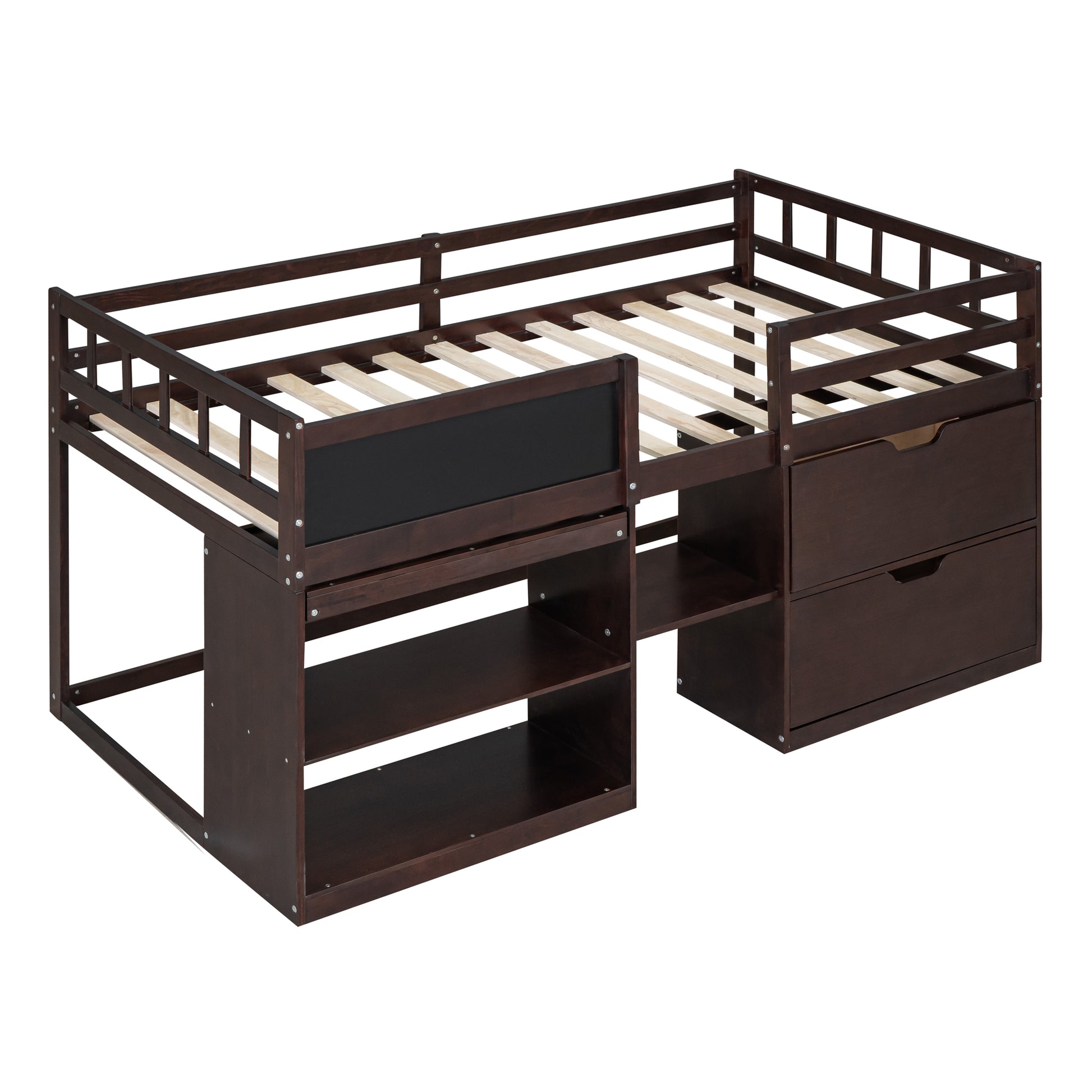 Dark brown wooden loft bed with integrated drawers and shelves