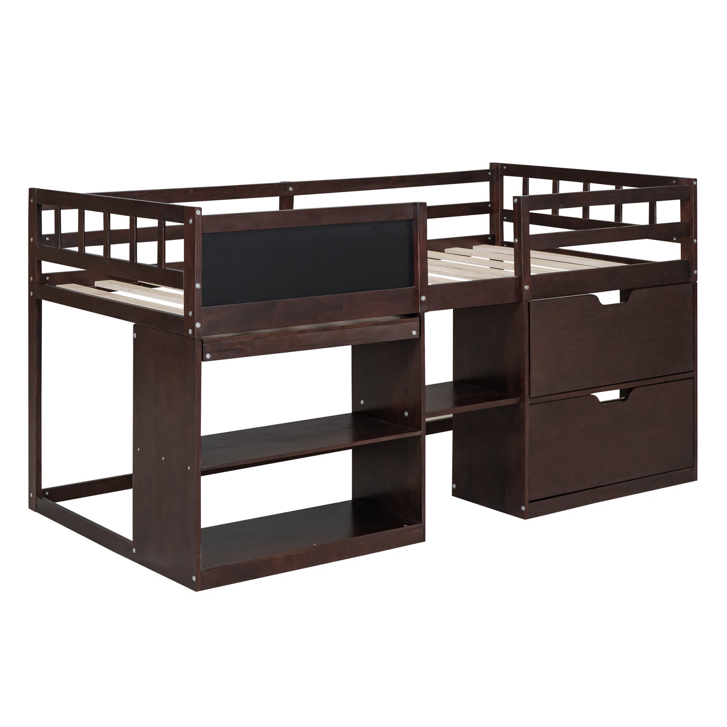 Dark wood loft bed with ladder and integrated desk