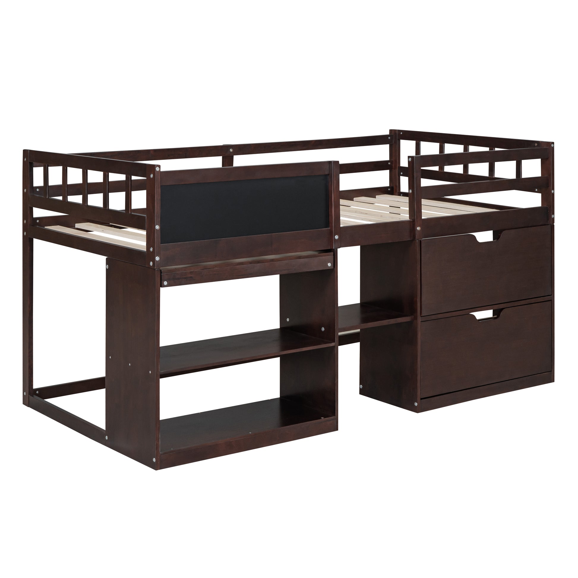Dark wood loft bed with ladder and integrated desk