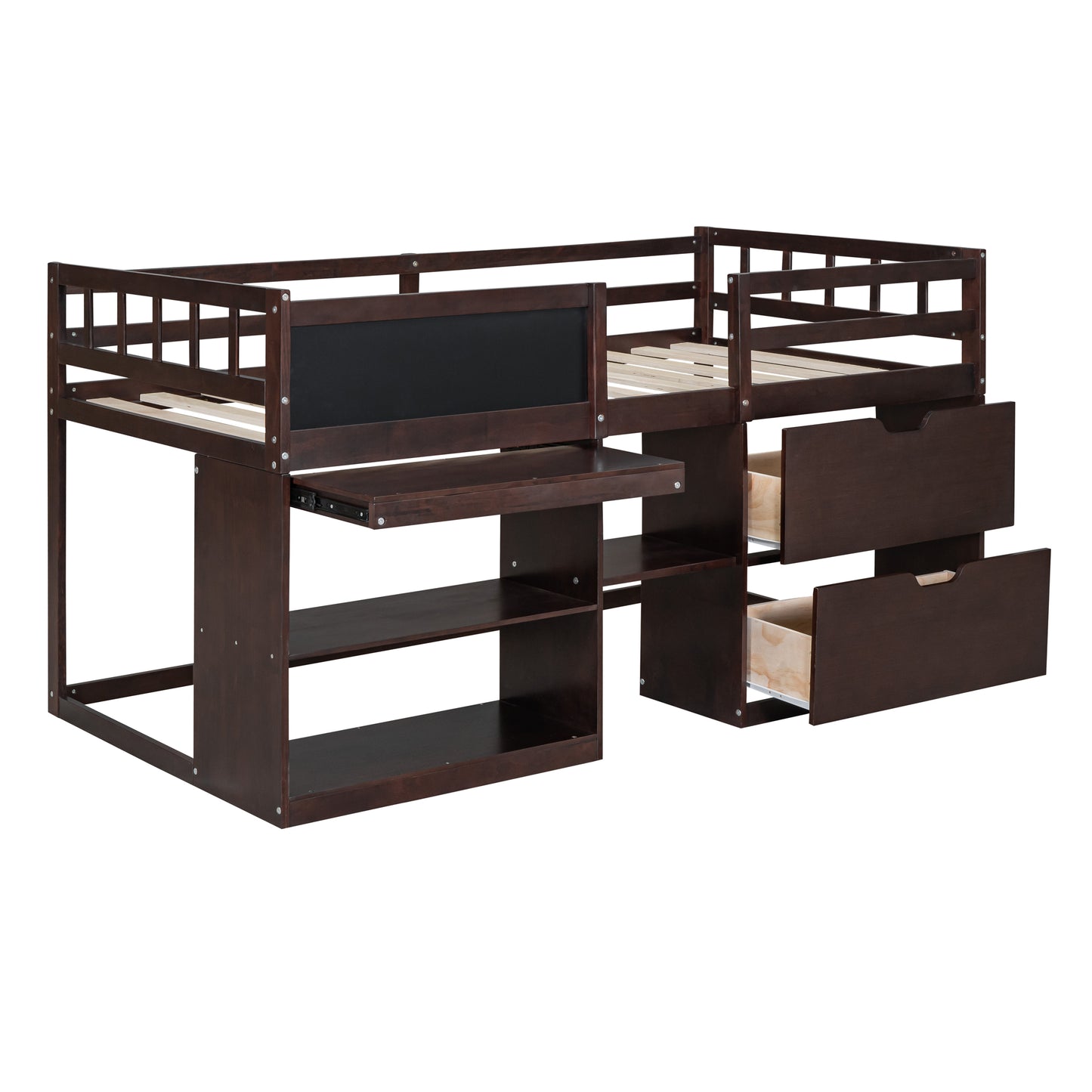 Dark brown loft bed with builtin desk and shelves