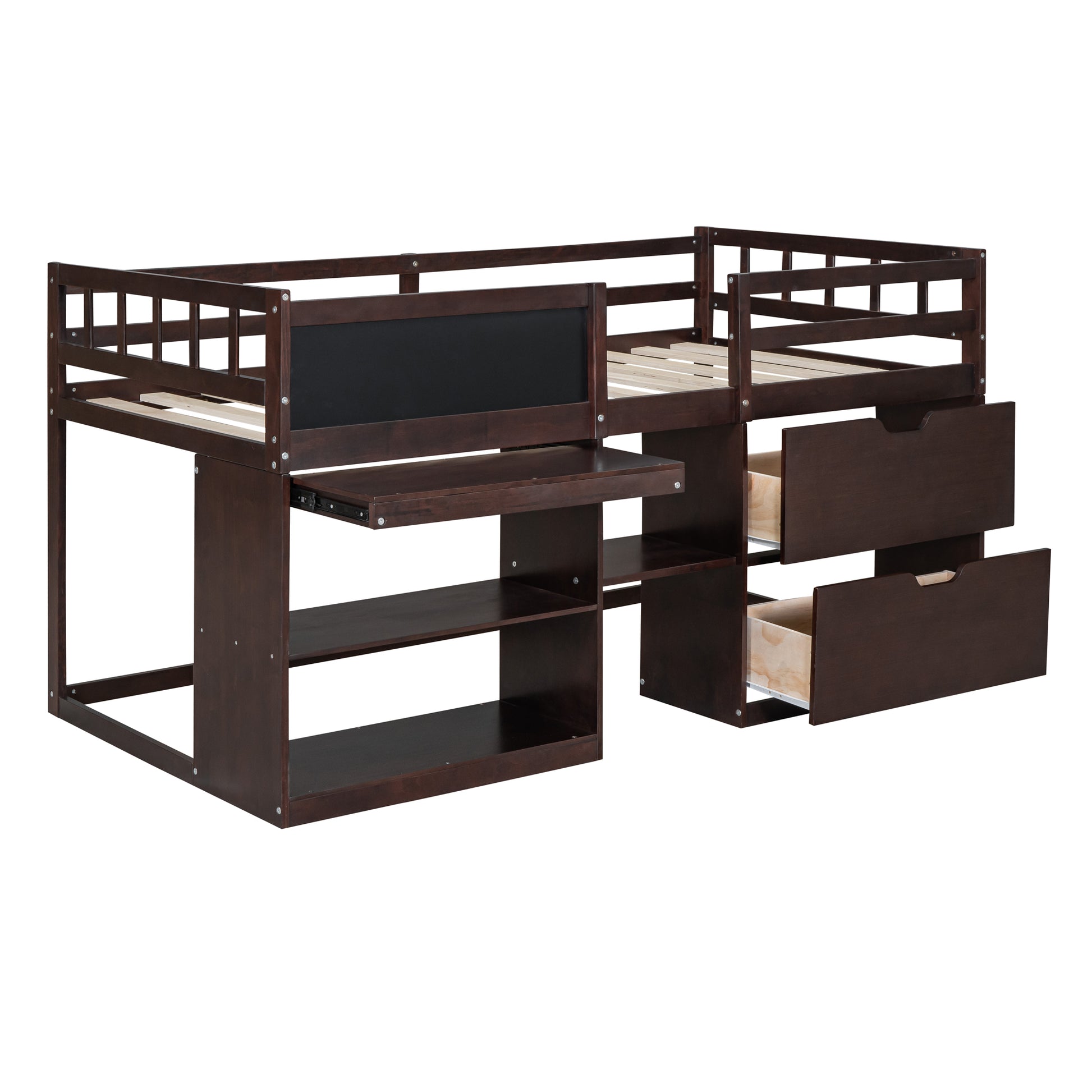 Dark brown loft bed with builtin desk and shelves