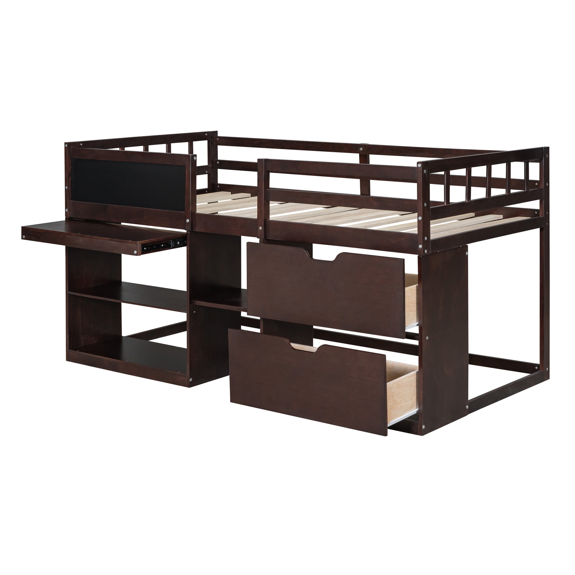 Dark brown wooden loft bed with desk and drawers