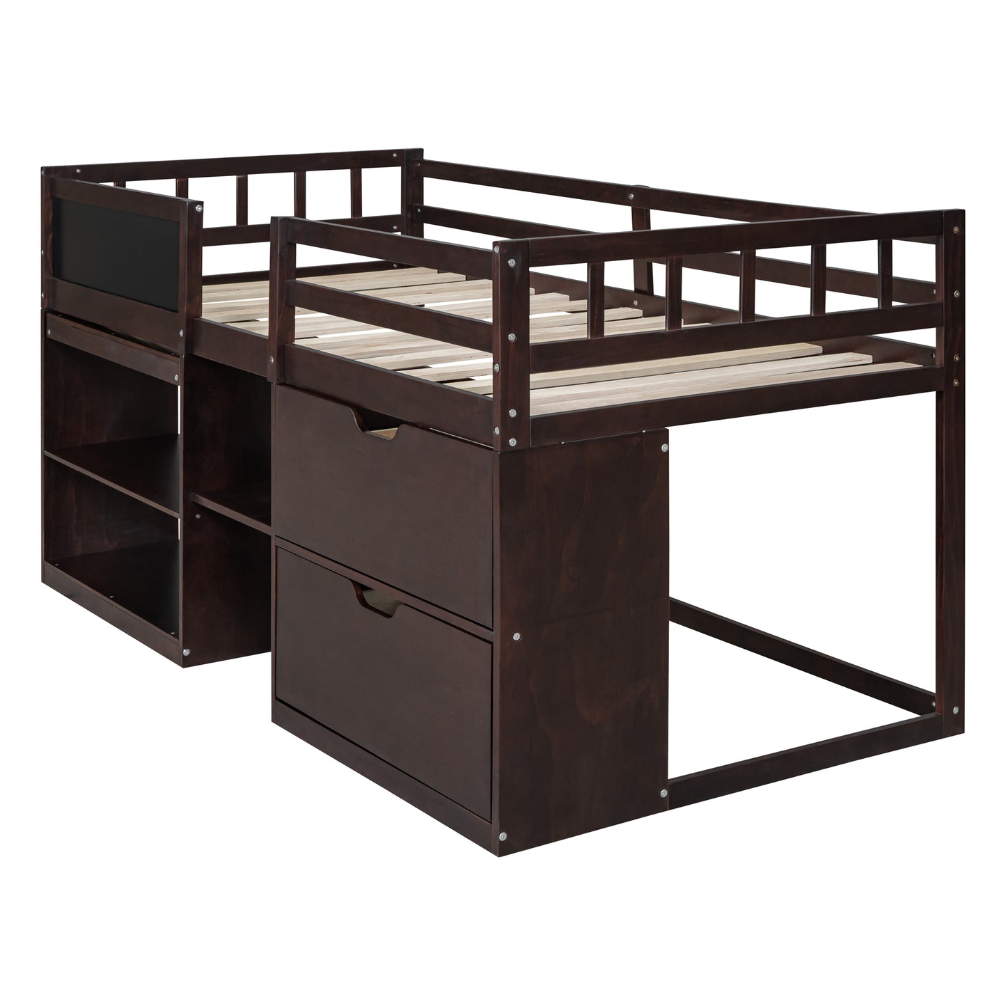 Dark brown loft bed frame with integrated drawers and shelves