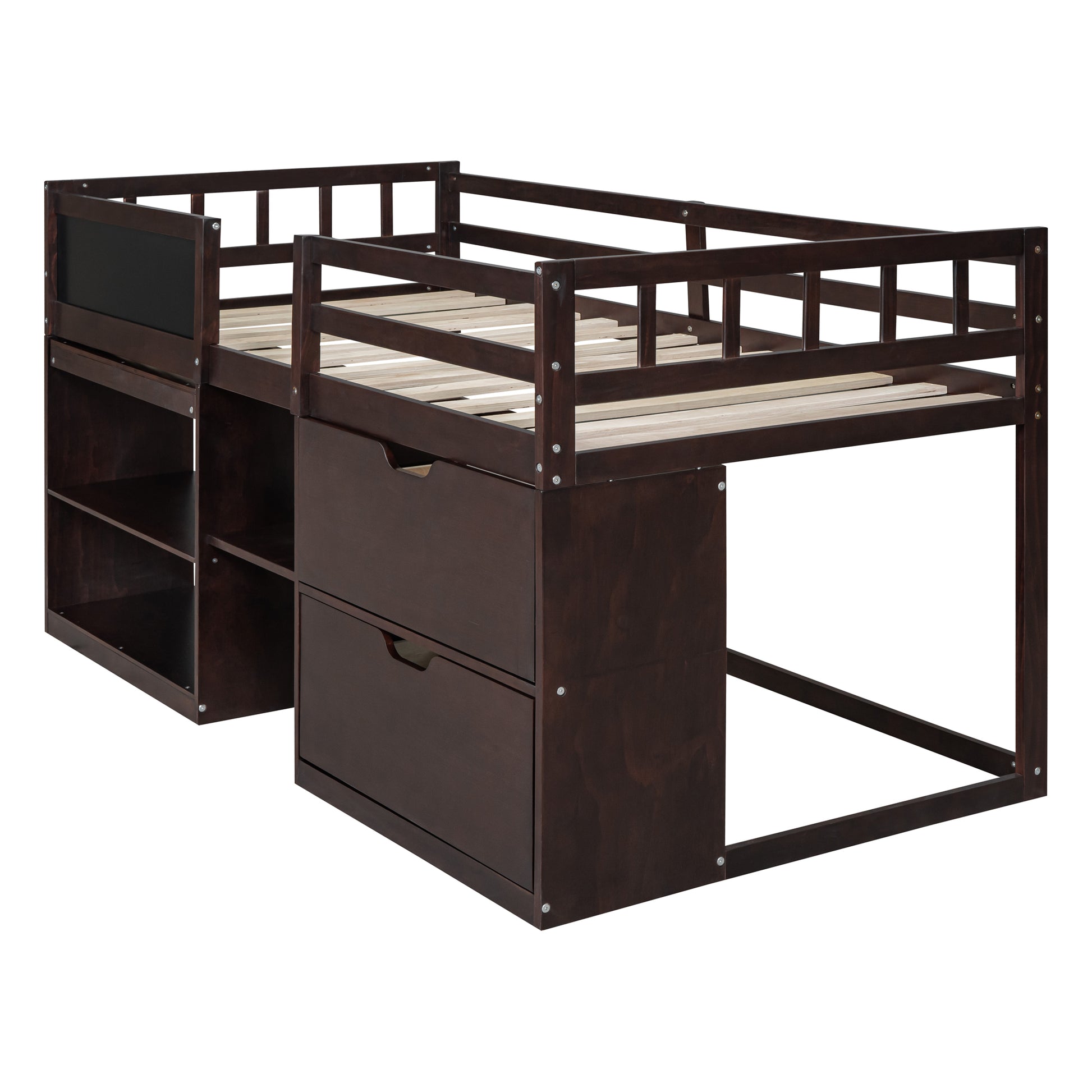 Dark brown loft bed frame with integrated drawers and shelves