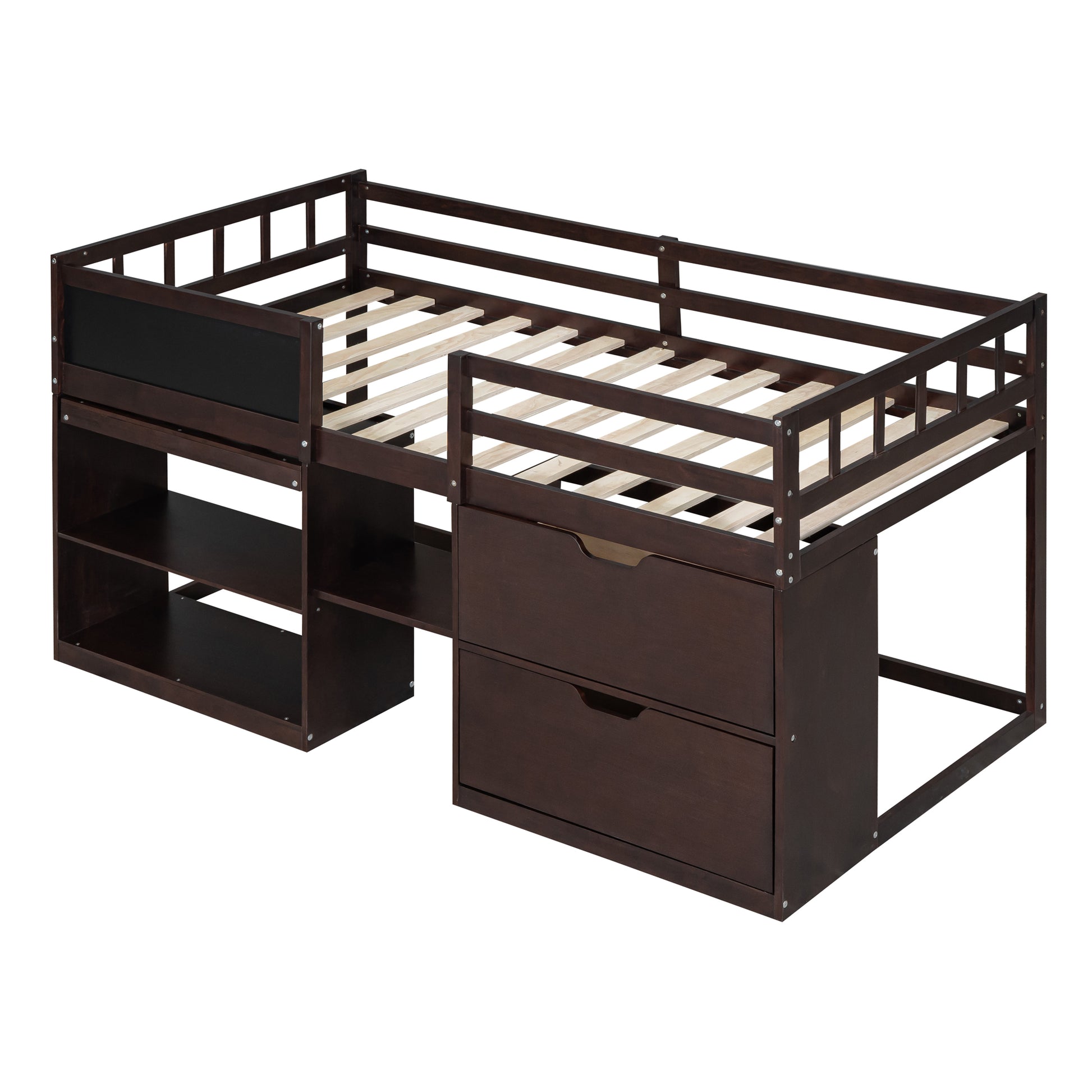 Dark wood twin loft bed with integrated drawers and shelves