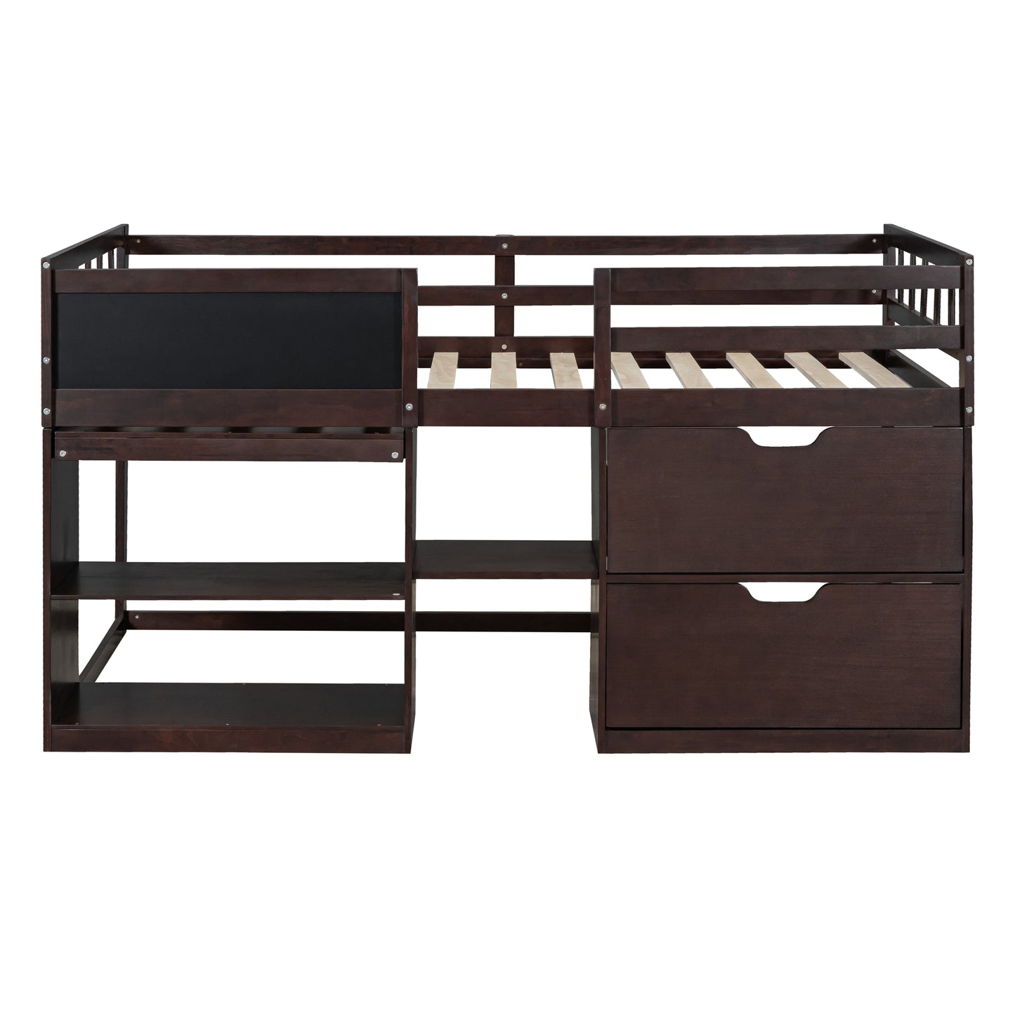 Dark brown wood loft bed with integrated shelving and two drawers