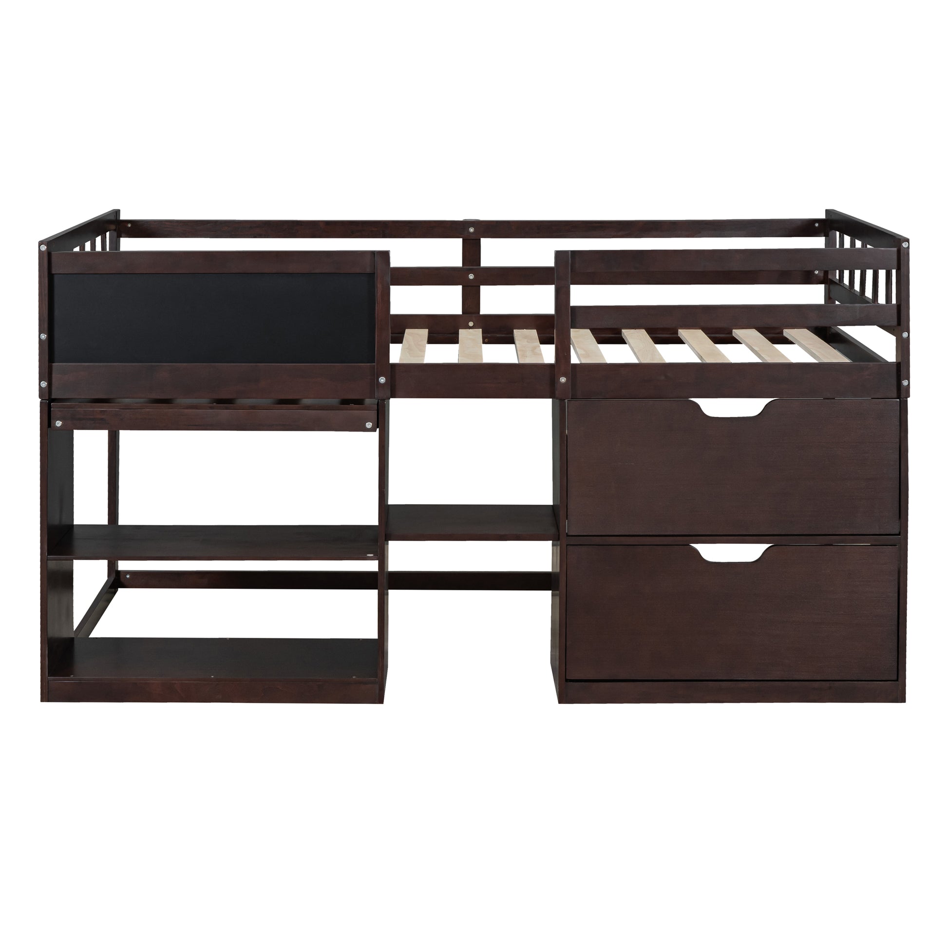 Dark brown wood loft bed with integrated shelving and two drawers
