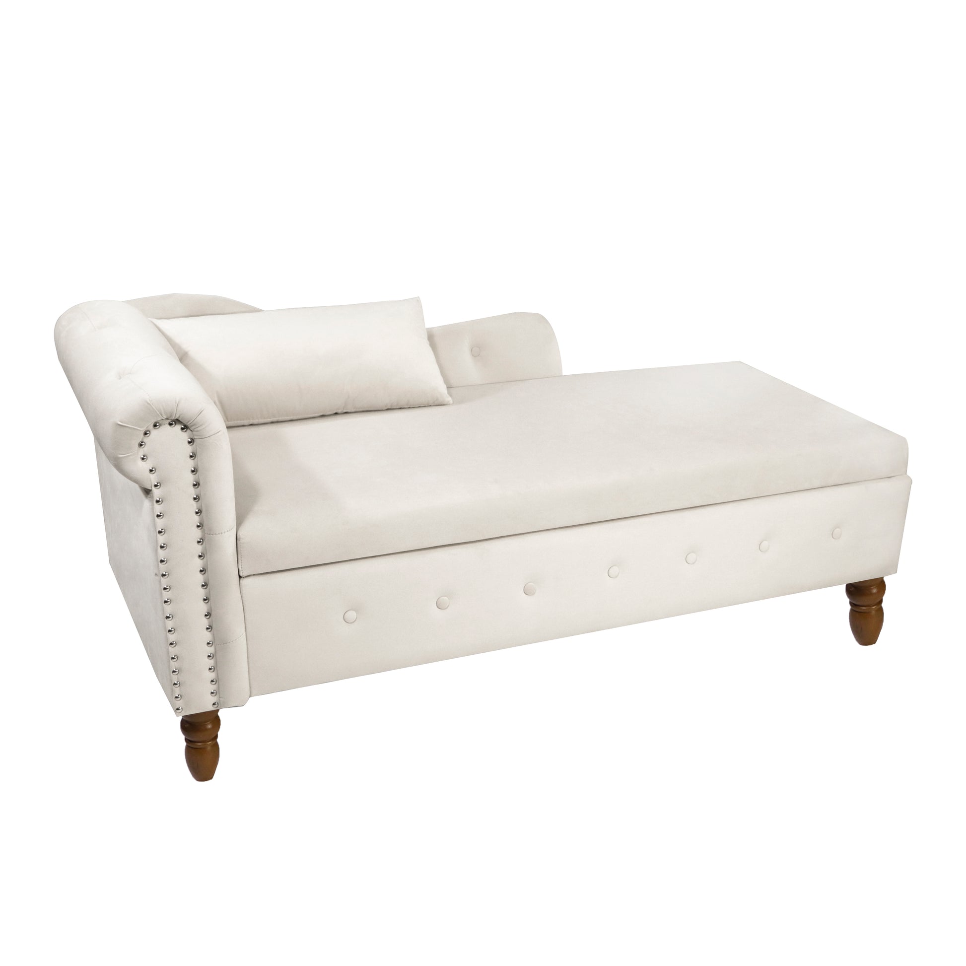 Cream velvet chaise lounge with tufted accents and silver nailhead trim
