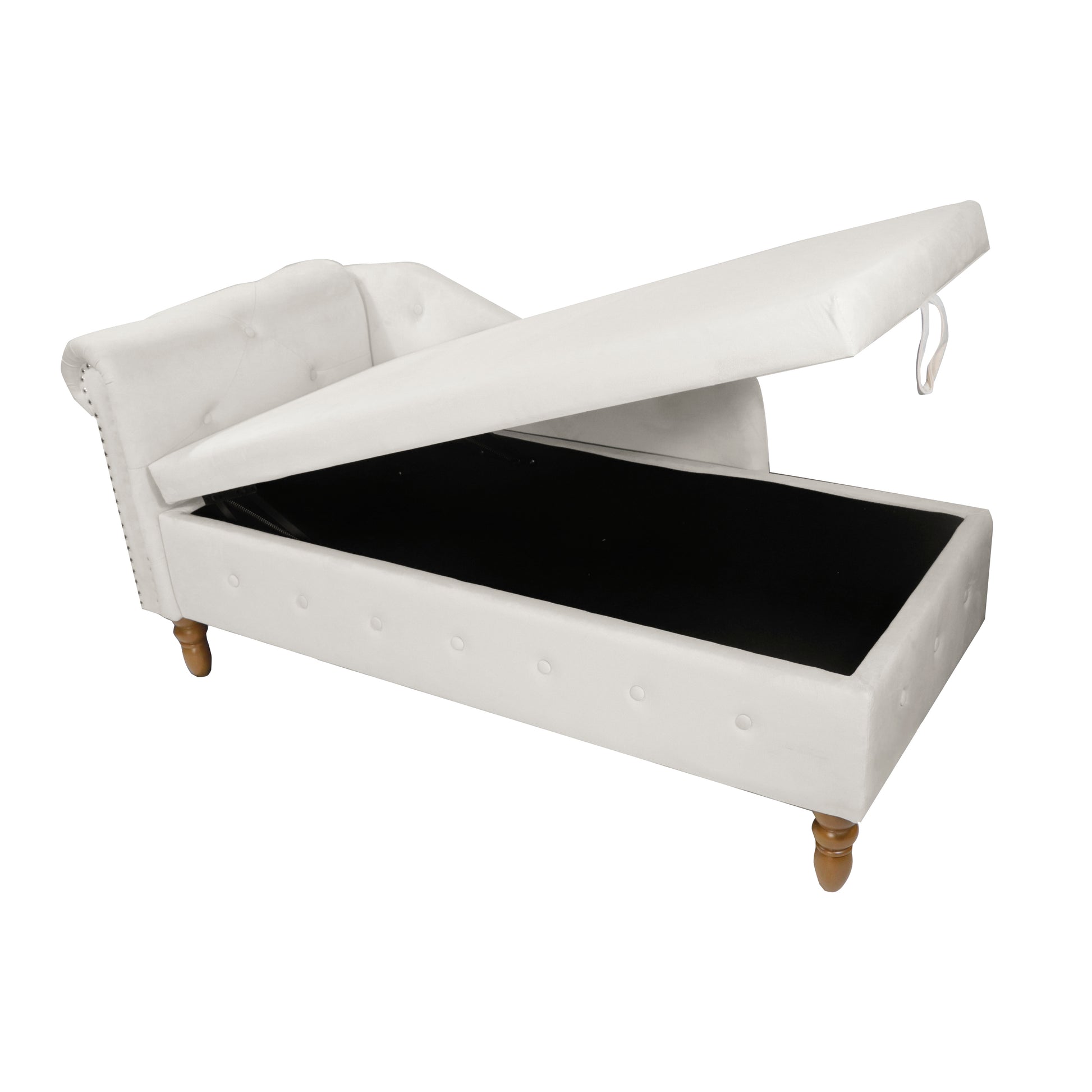 White velvet chaise lounge with tufted details and open storage