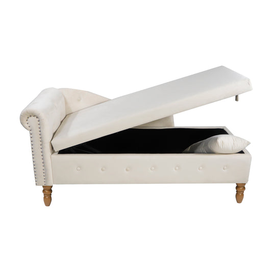 Tufted cream velvet storage bench with a lifted lid and decorative nailhead trim