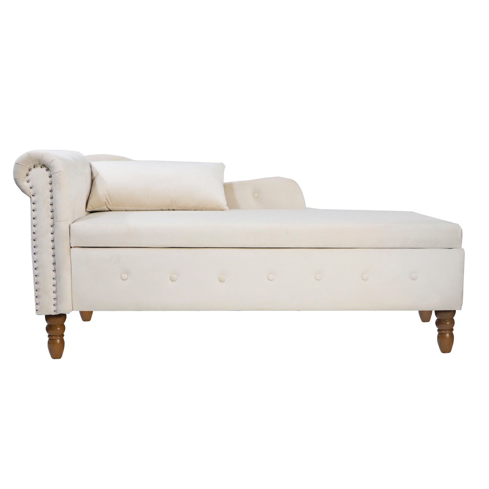 Cream velvet chaise lounge with silver nailhead trim and button tufting