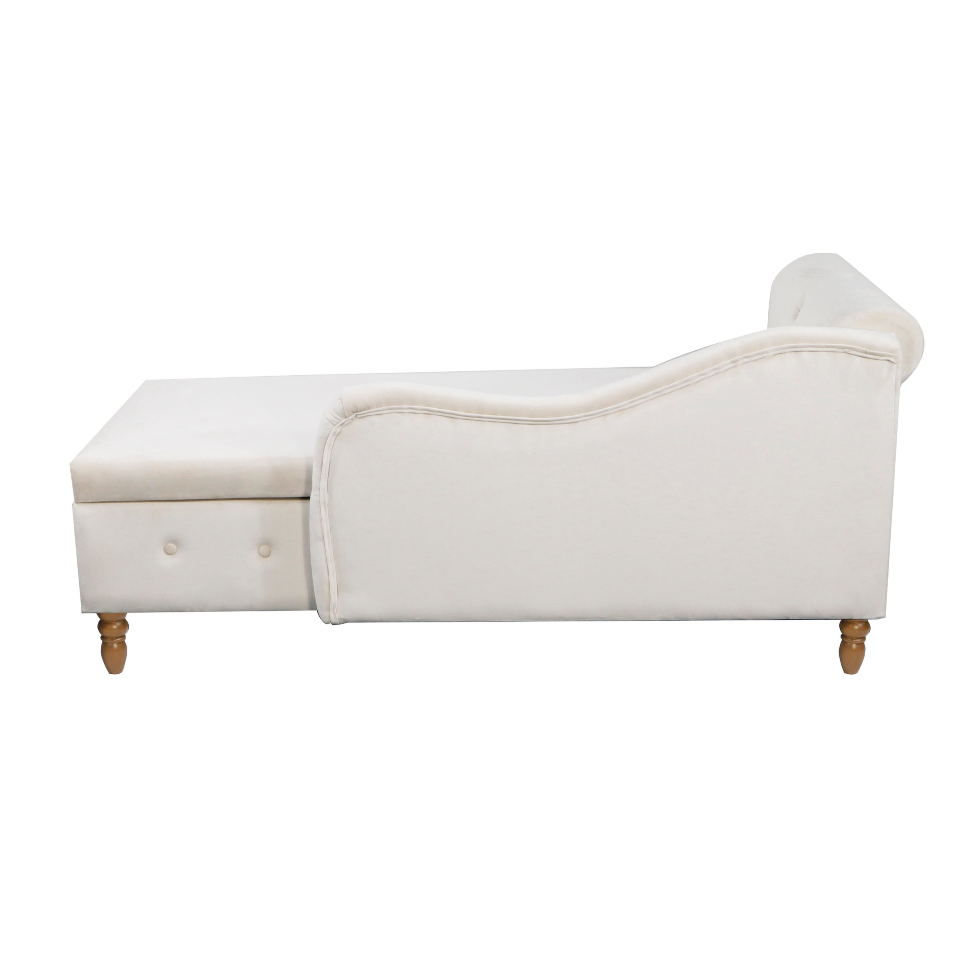 Luxurious cream velvet chaise lounge with tufted detailing and wooden legs