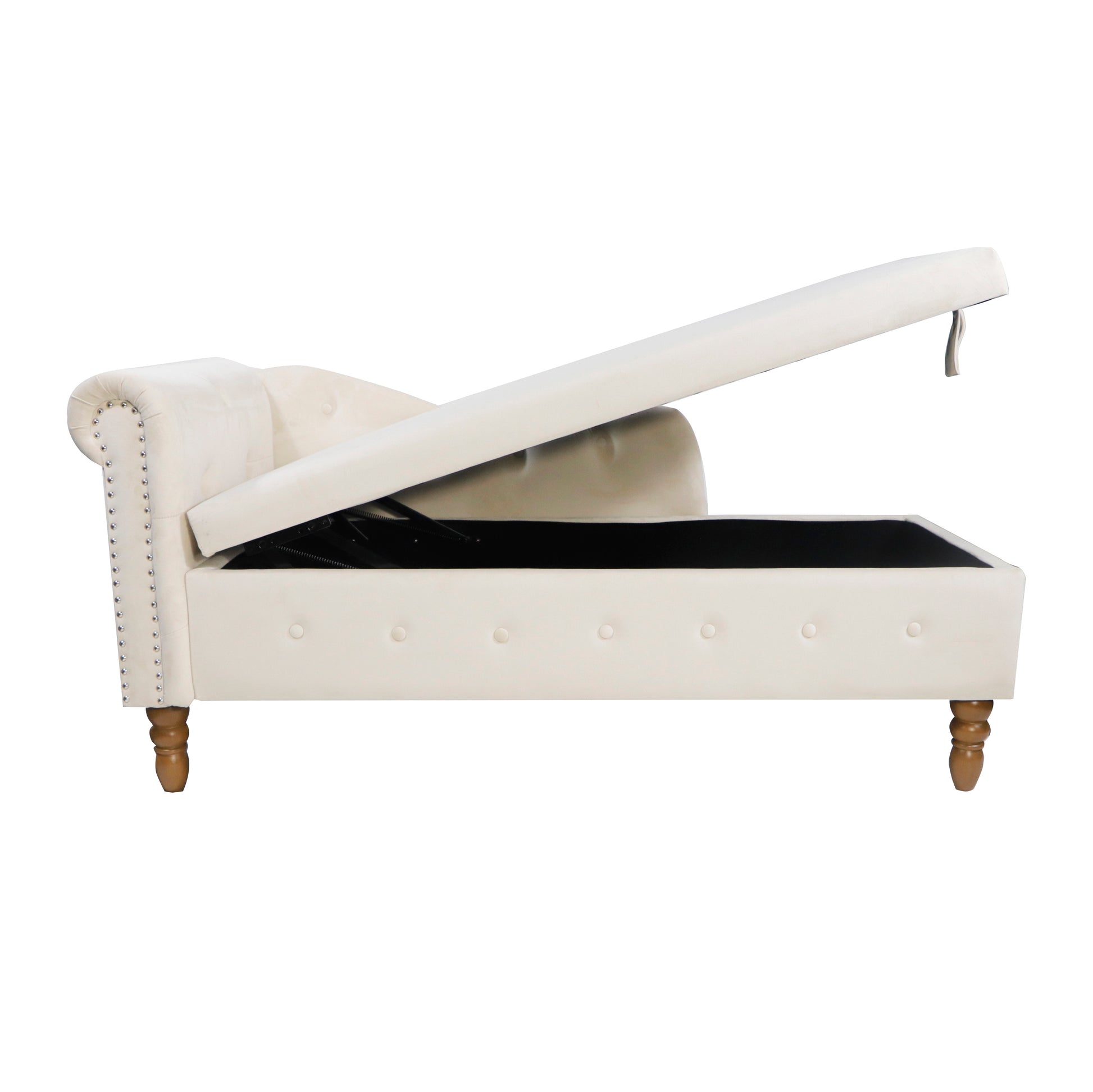 Cream velvet tufted chaise lounge with open storage